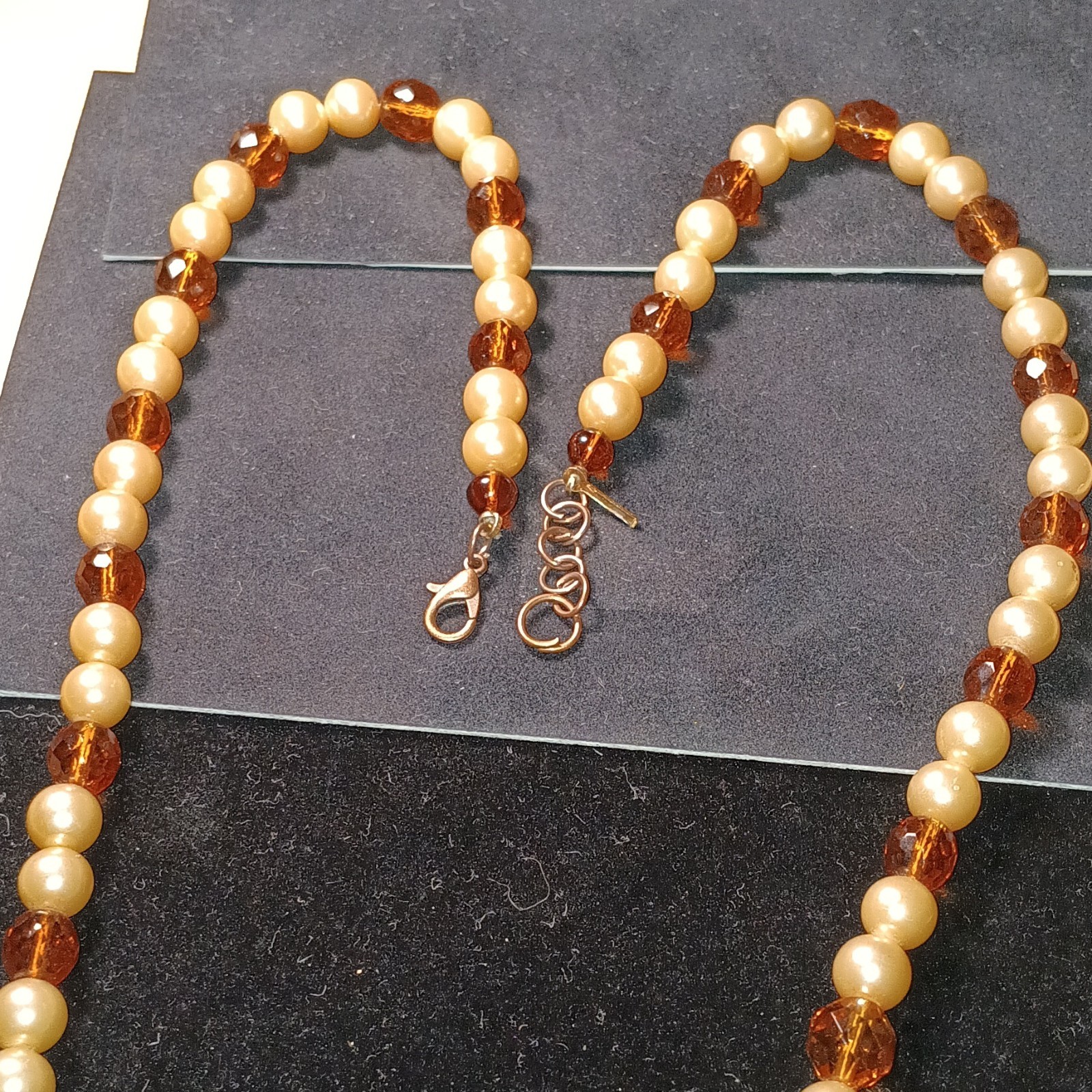 30″ Faux Pearl & Amber Glass Beaded Necklace With Lobster Clasp