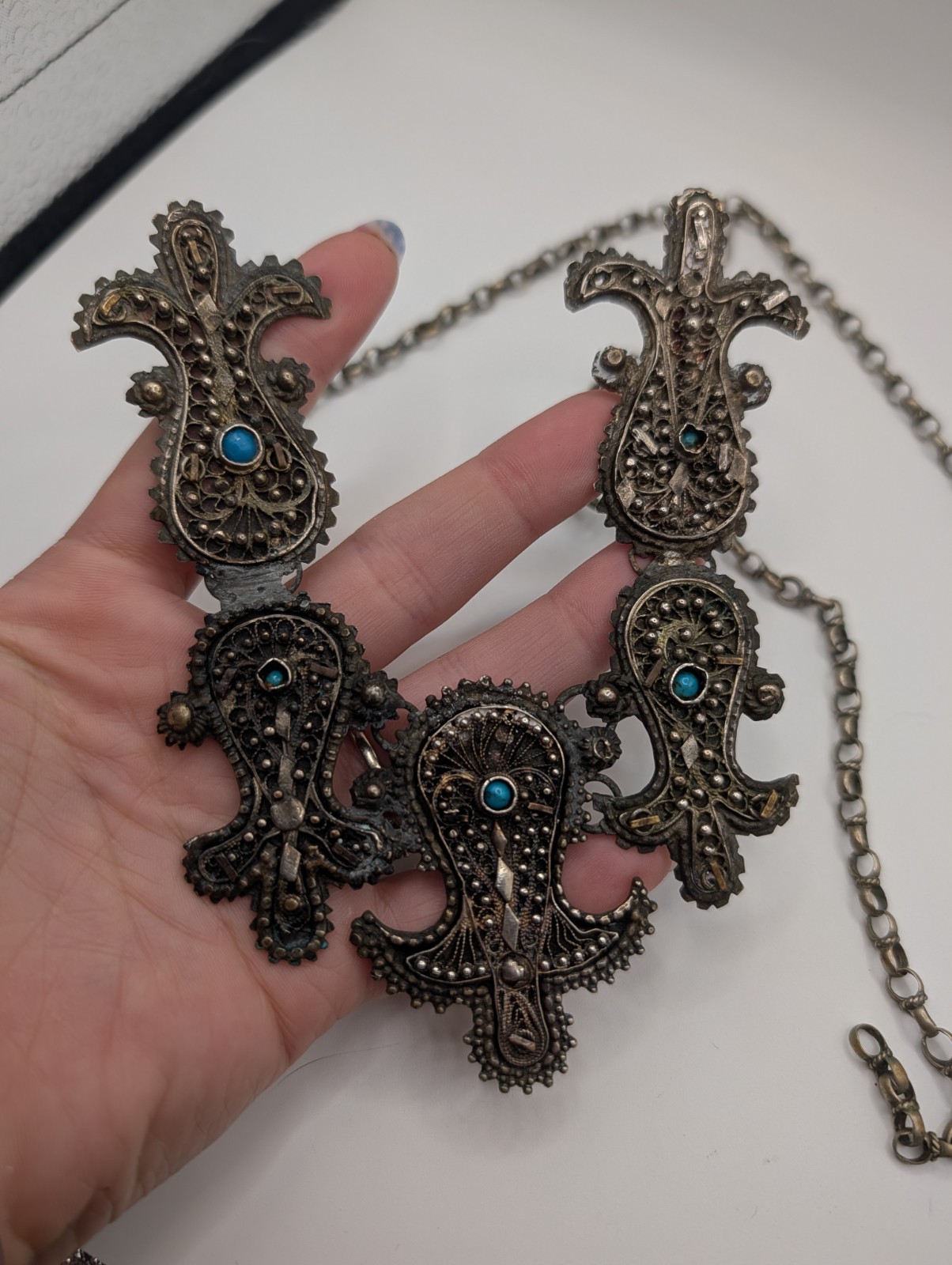 Vintage Middle Eastern Style Filigree Bib Necklace Blue Glass Cabochons