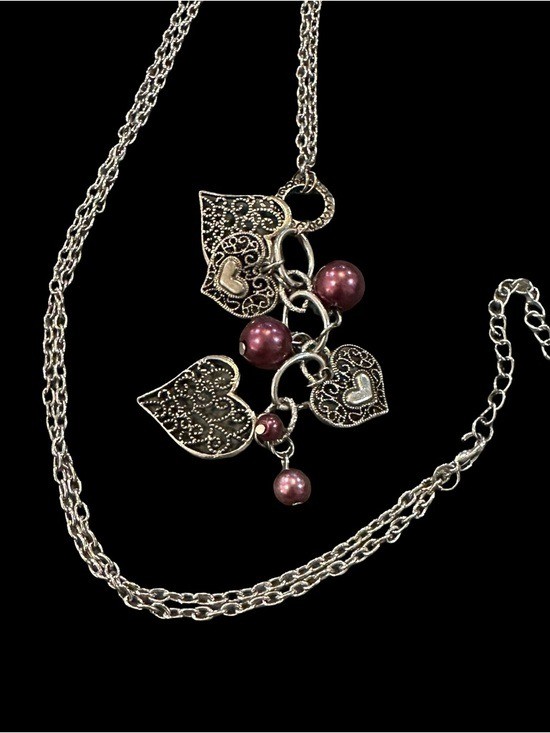 Filigree Heart Pendant Necklace Purple Beads Silver Tone Chain 30-32 Inch Womens