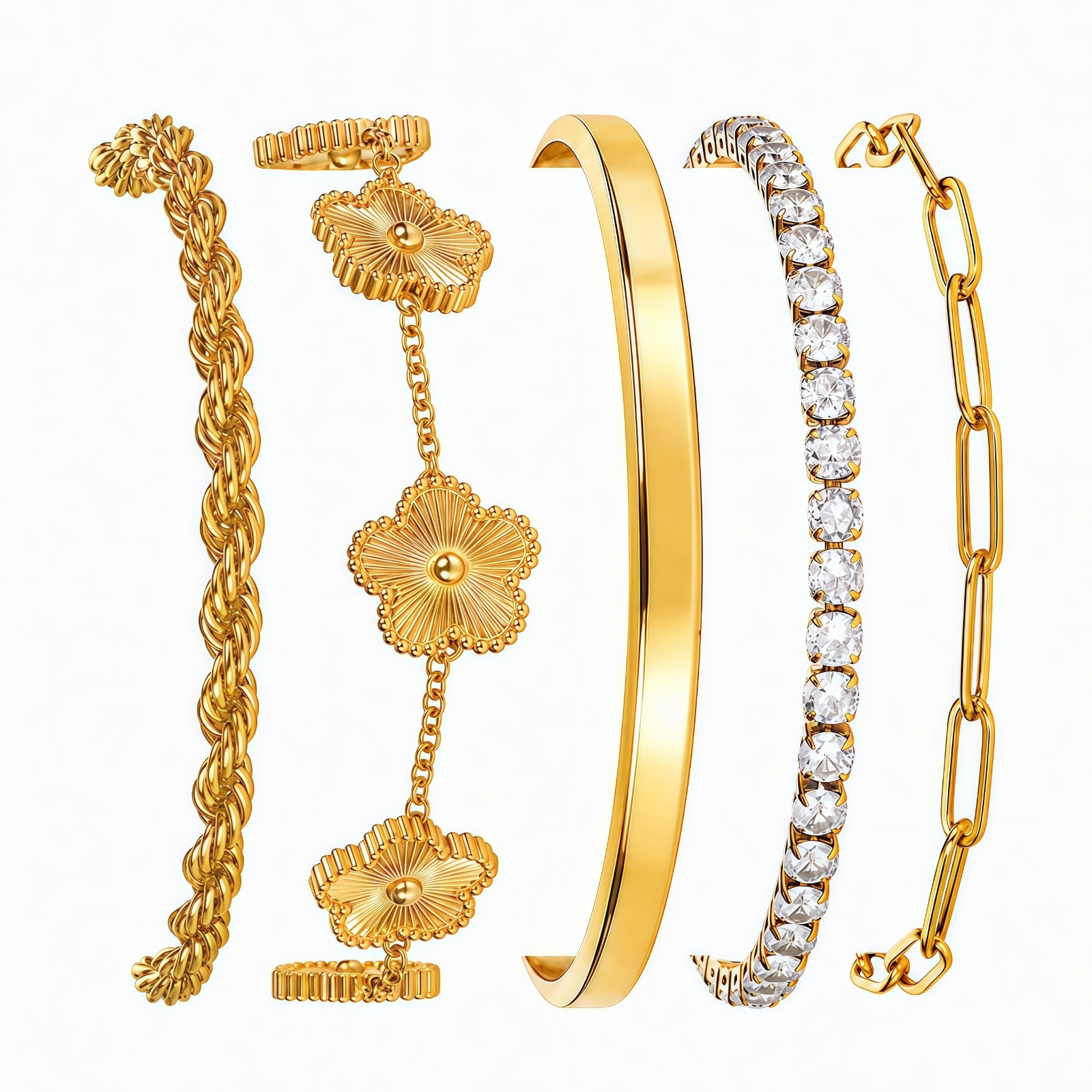 18K Gold Plated Women’s Bracelet Set – Waterproof, Non-Tarnish, Chunky & Floral