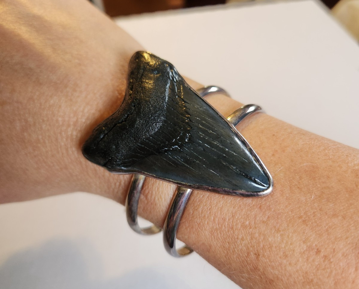Unique Sterling Silver Megalodon Shark Tooth Cuff Bracelet by Charles Albert