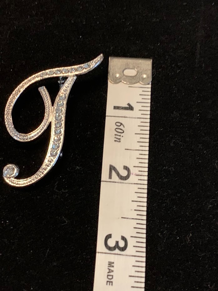 Initial Pin Brooch Silvertone with Rhinestones Letter “T”