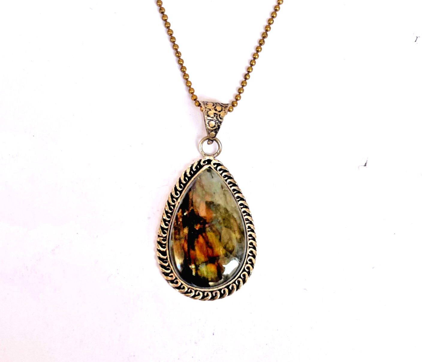 Natural Labradorite Pear Pendant Necklace 24″ Chain Healing Crystal Jewelry