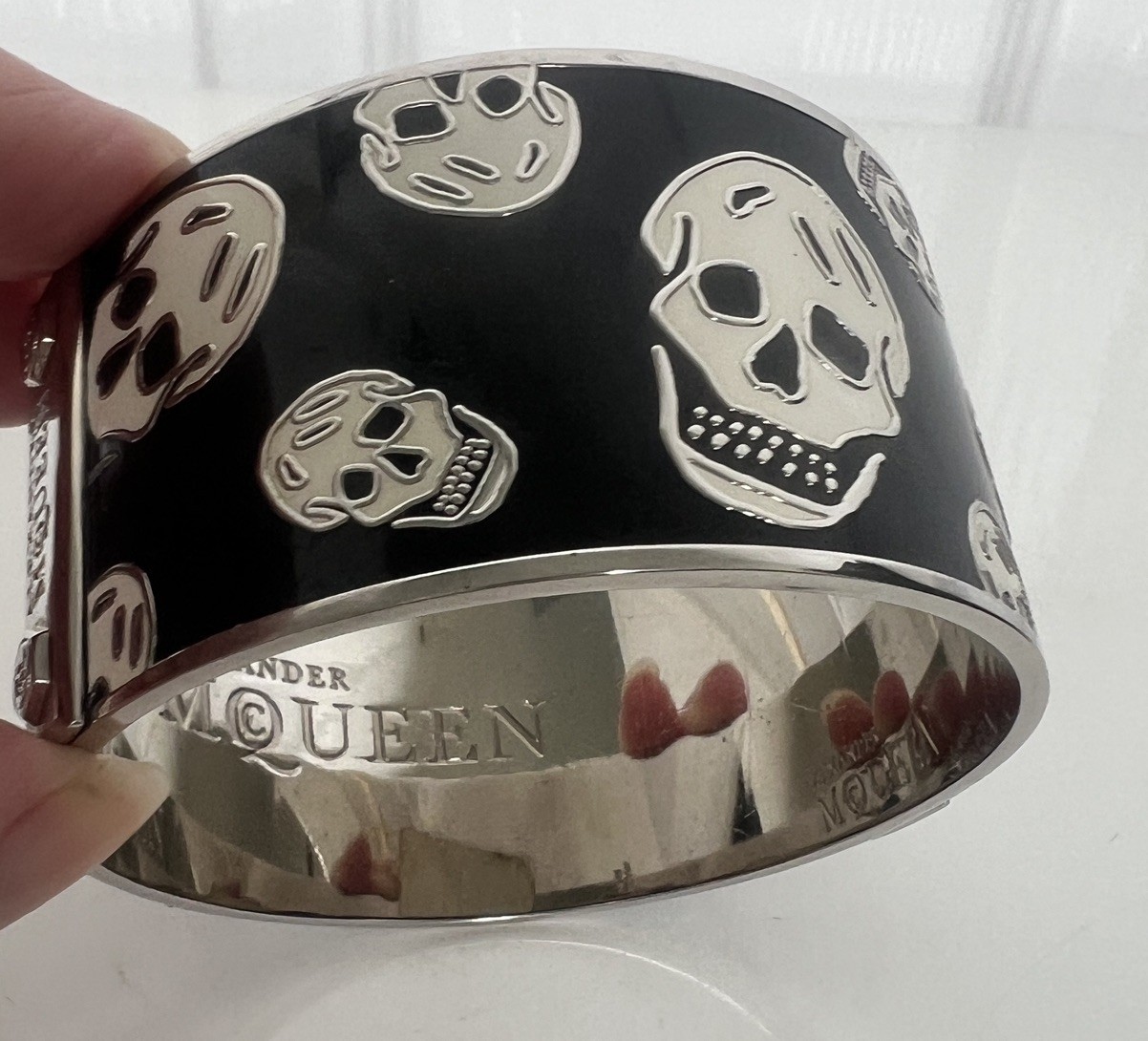 Alexander McQueen Skull Logo Icon Black White Enamel Silver Cuff Bracelet