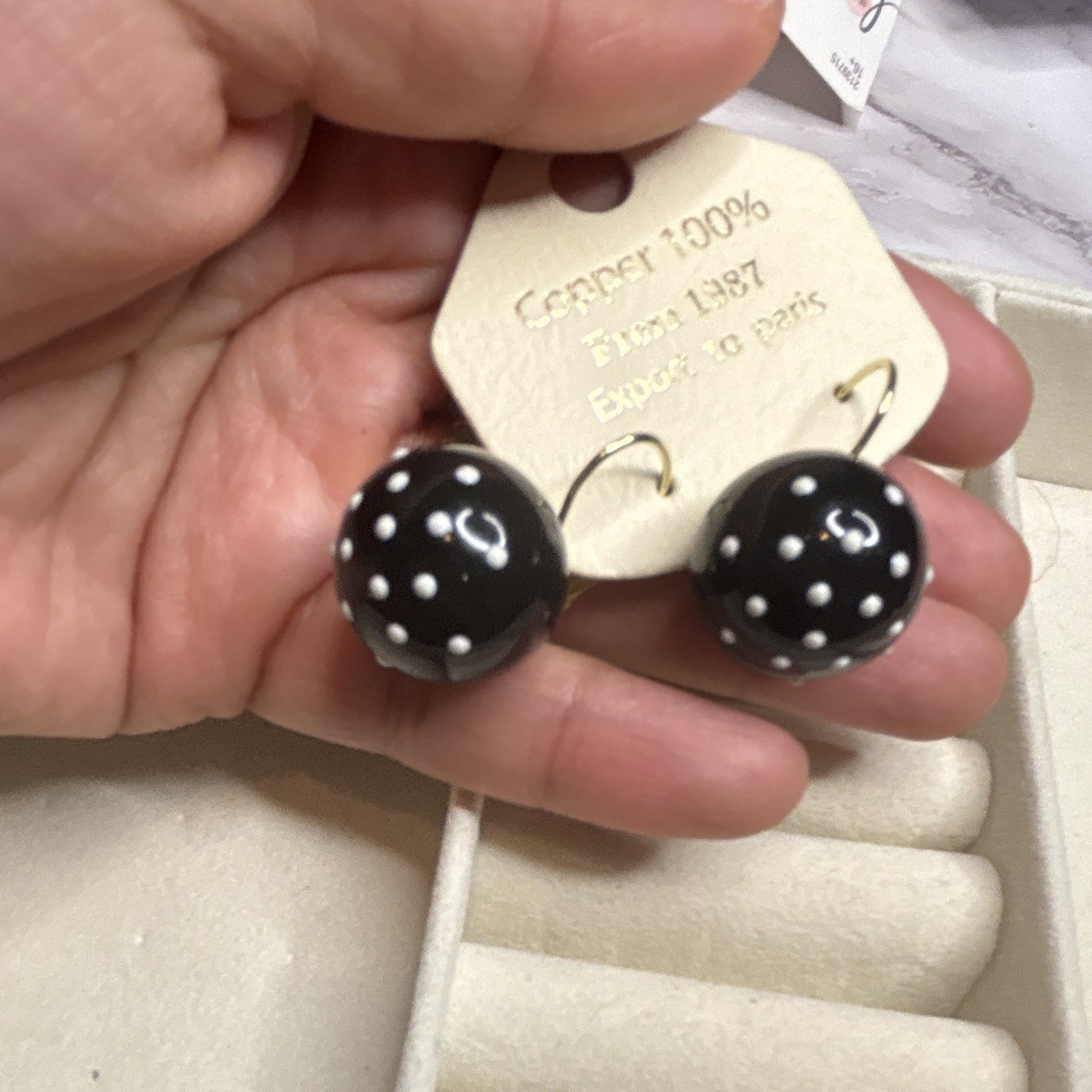 Vintage Copper Round Polka Dot Dangle Drop Earrings Hook Closure Black White
