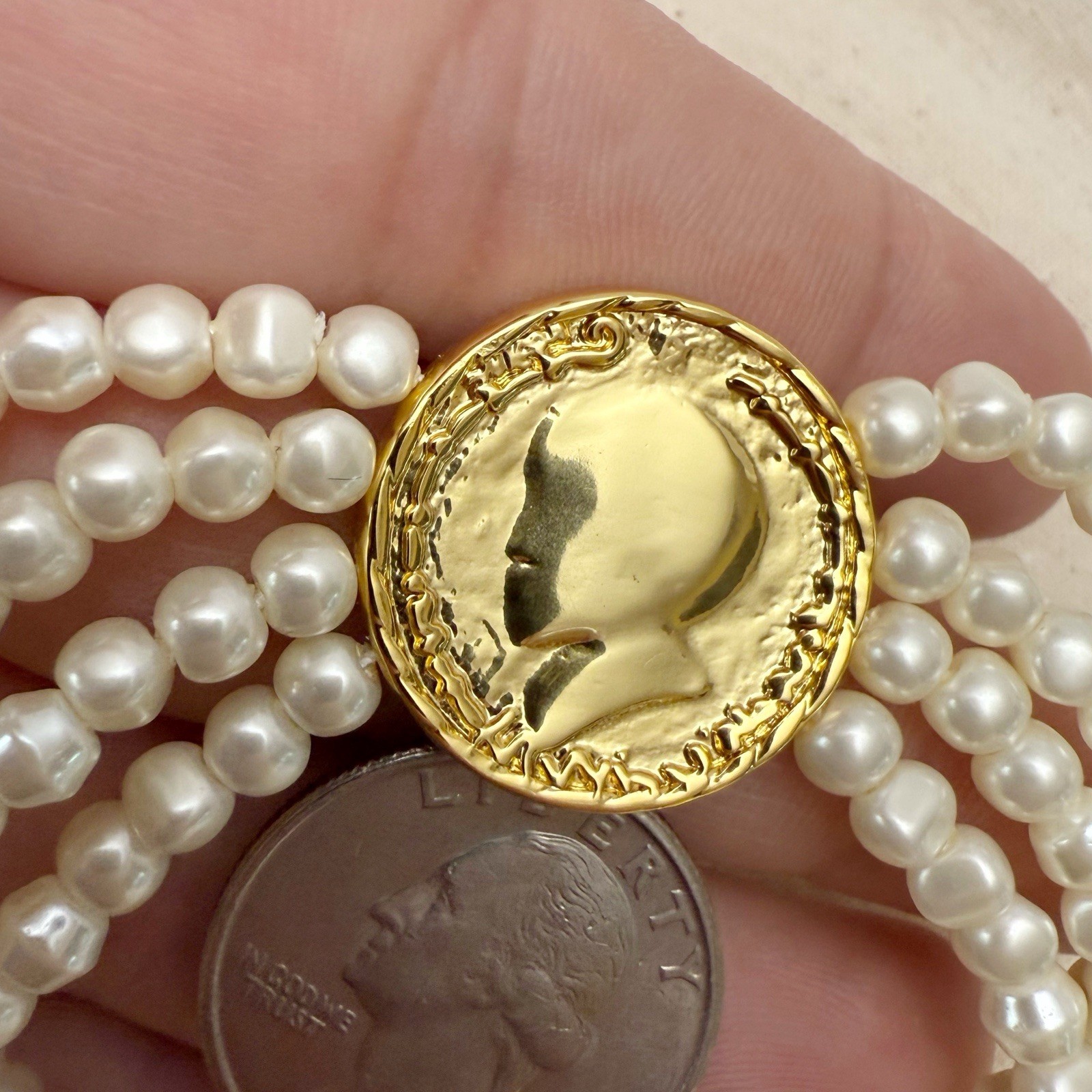 J. Crew Multi Strand Faux Pearl Multi Strand Beaded Roman Coin Bracelet NEW