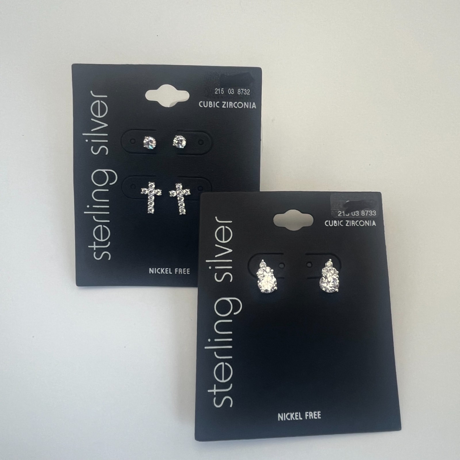 Sterling Silver Cubic Zirconia Earrings Lot Cross Stud & Pear Stud 3 Pairs