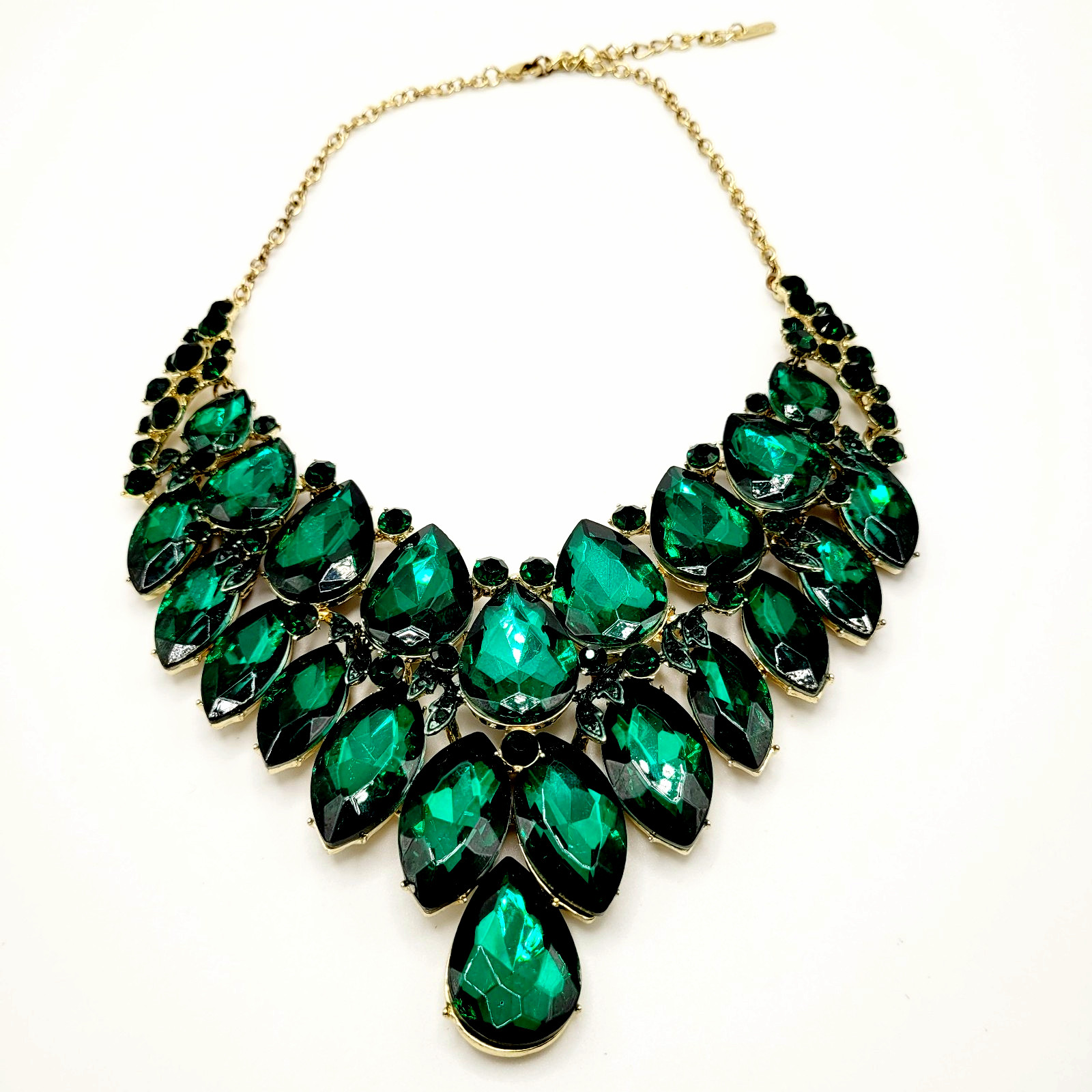 Christina Collection Green Faceted Glass Rhinestone Gold Tone Formal Necklace