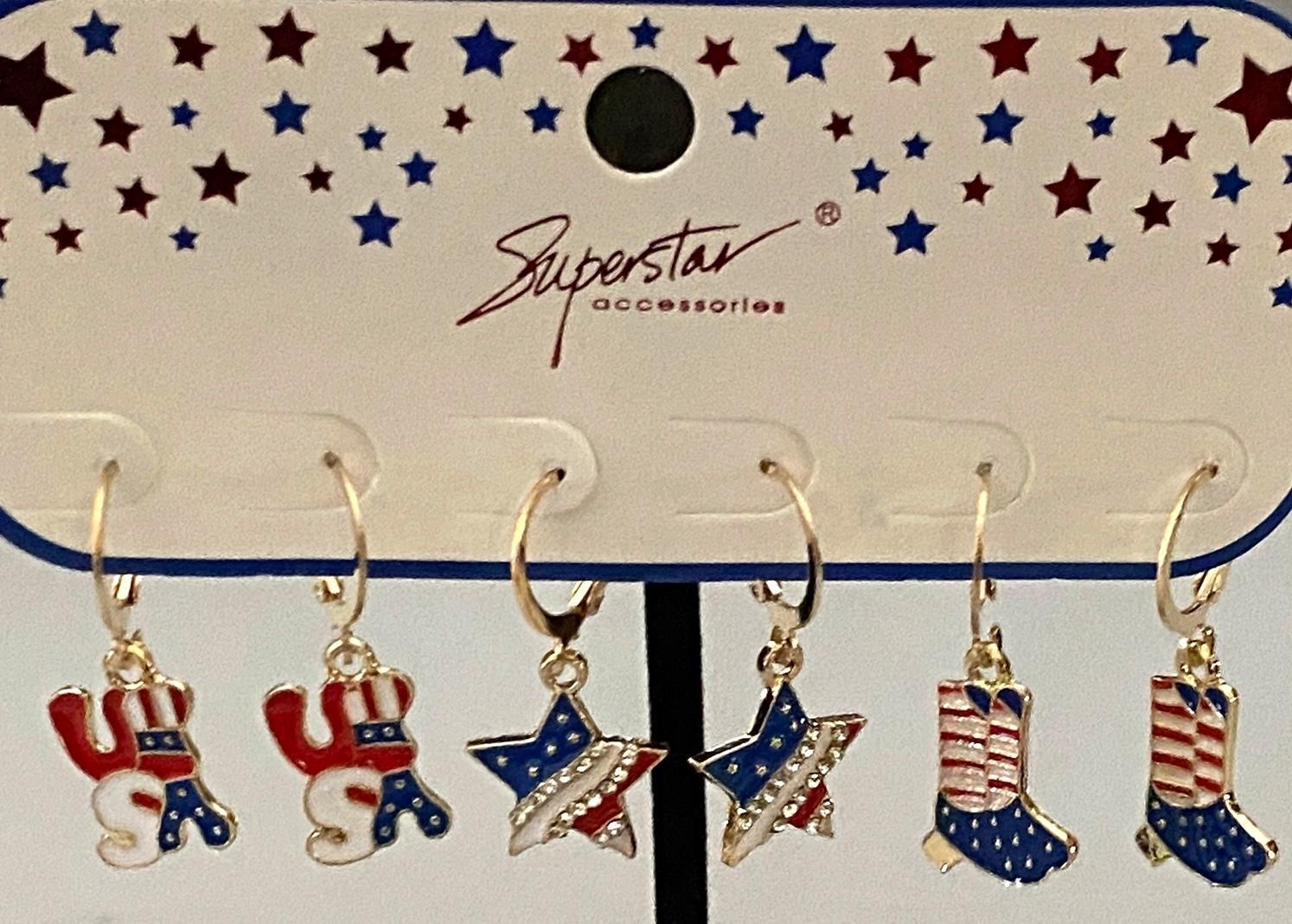 3 SETS PATRIOTIC GOLDTONE LEVERBACK DANGLING EARRINGS CRYSTALS FREE SHIPPING