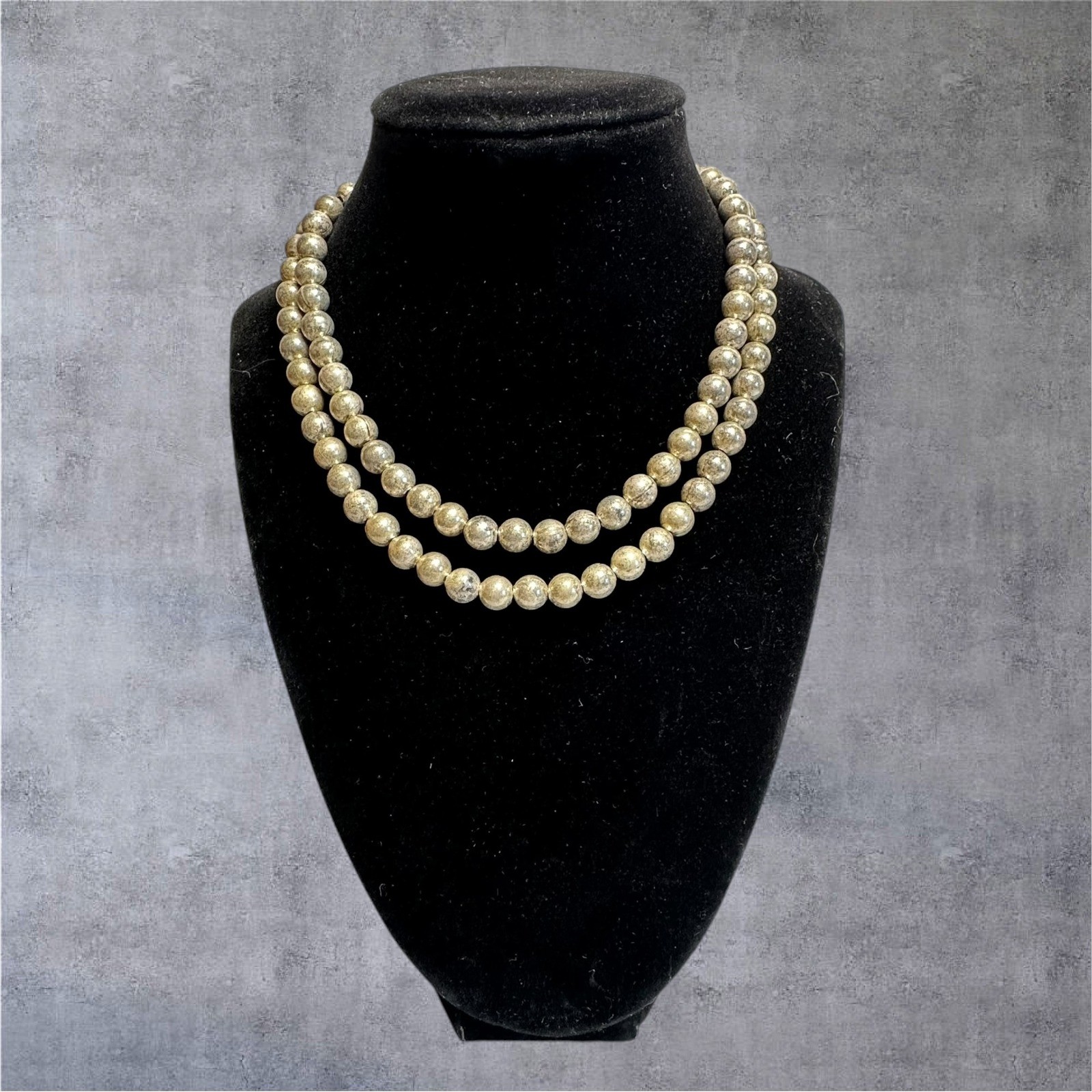 30in Silver Tone Metal Beaded Necklace Antique Textured Statement