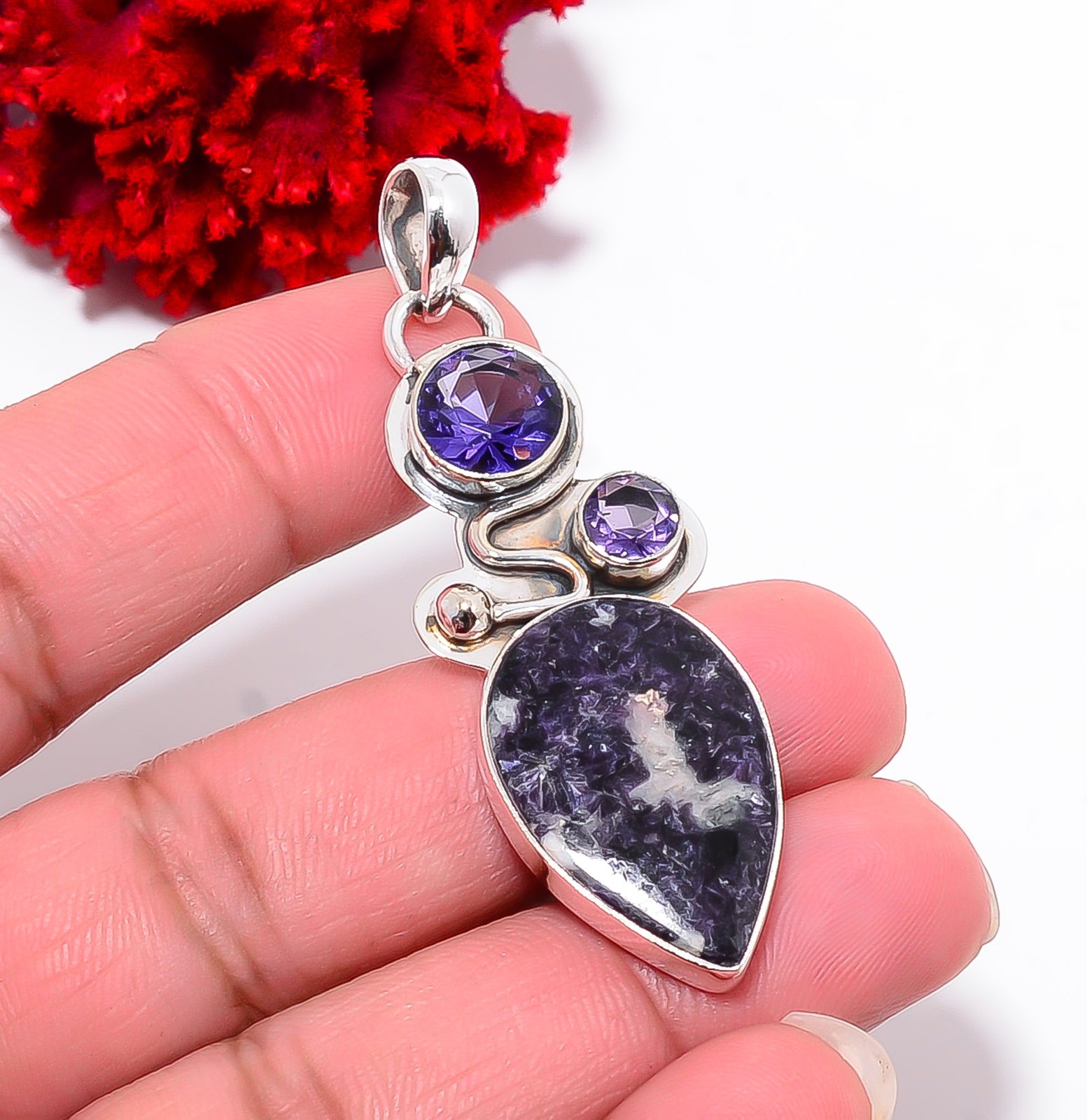 Lepidolite – San Diego & Iolite Handmade 925 Sterling Silver Pendant 2.26″ P9439