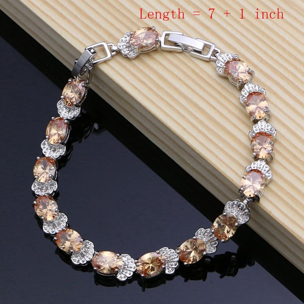 925 Silver Champagne Zircon Bridal Jewelry Set Necklace Earrings Ring Bracelet