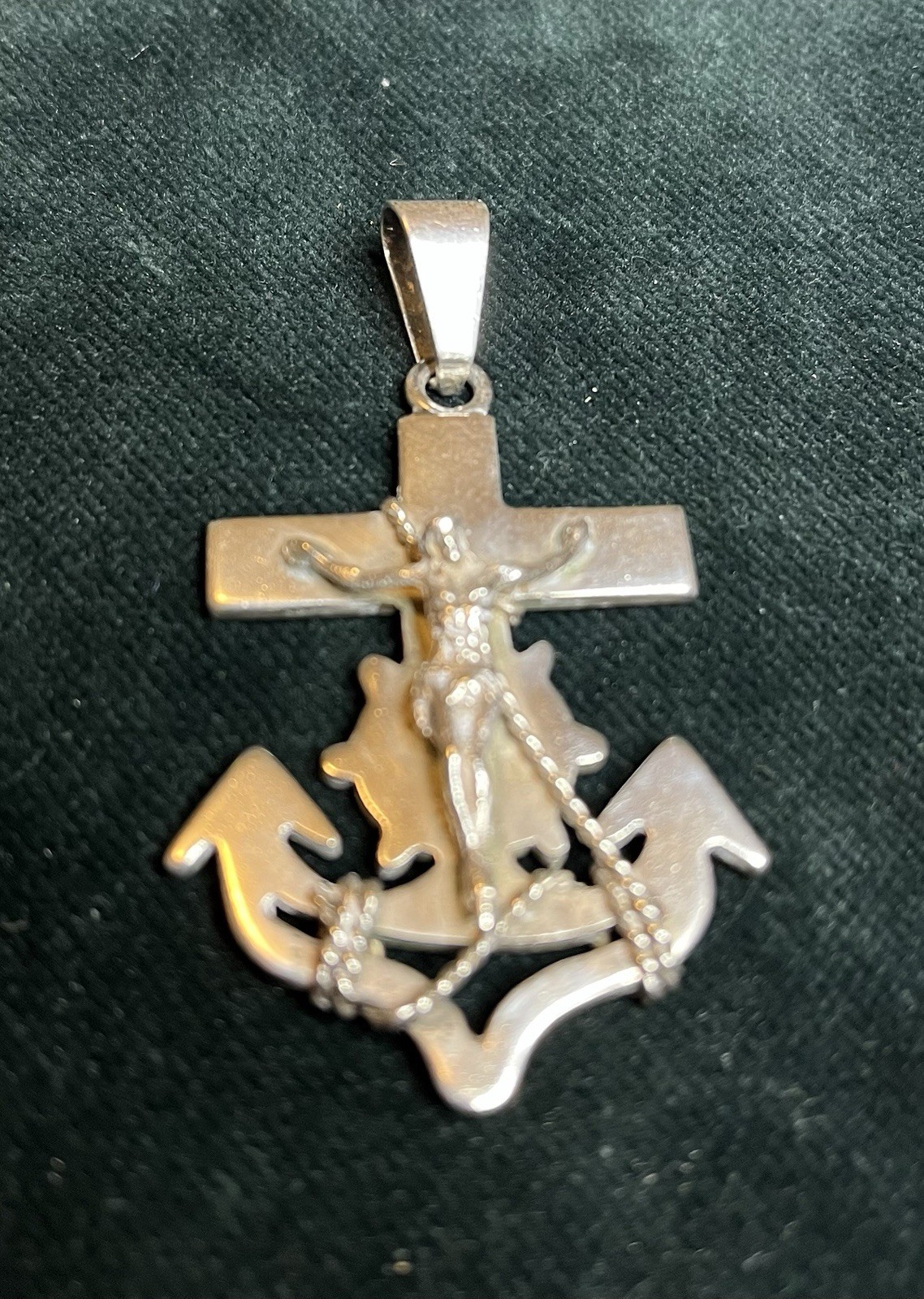 Sterling Silver Mariner’s Anchor Crucifix Cross Pendant 2 1/2” Made In Mexico