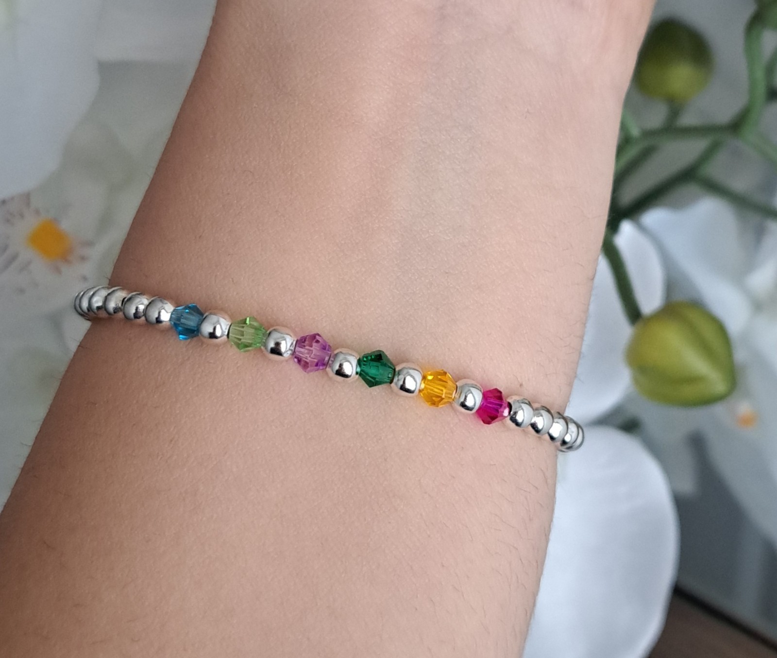 Personalised Family Birthstone Silver Beaded Bracelet Mother’s Day Gift for Her