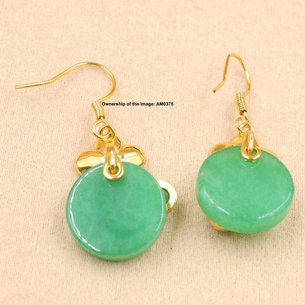 New Yellow Alloy Flower Women’s Heated Green Jade Dangle Earrings Hook Earrings