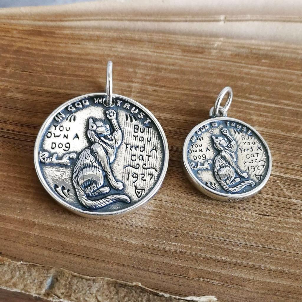 Sterling Silver & Brass Kitty Cat Coin Charm Pendant Double Sided Unique Fun