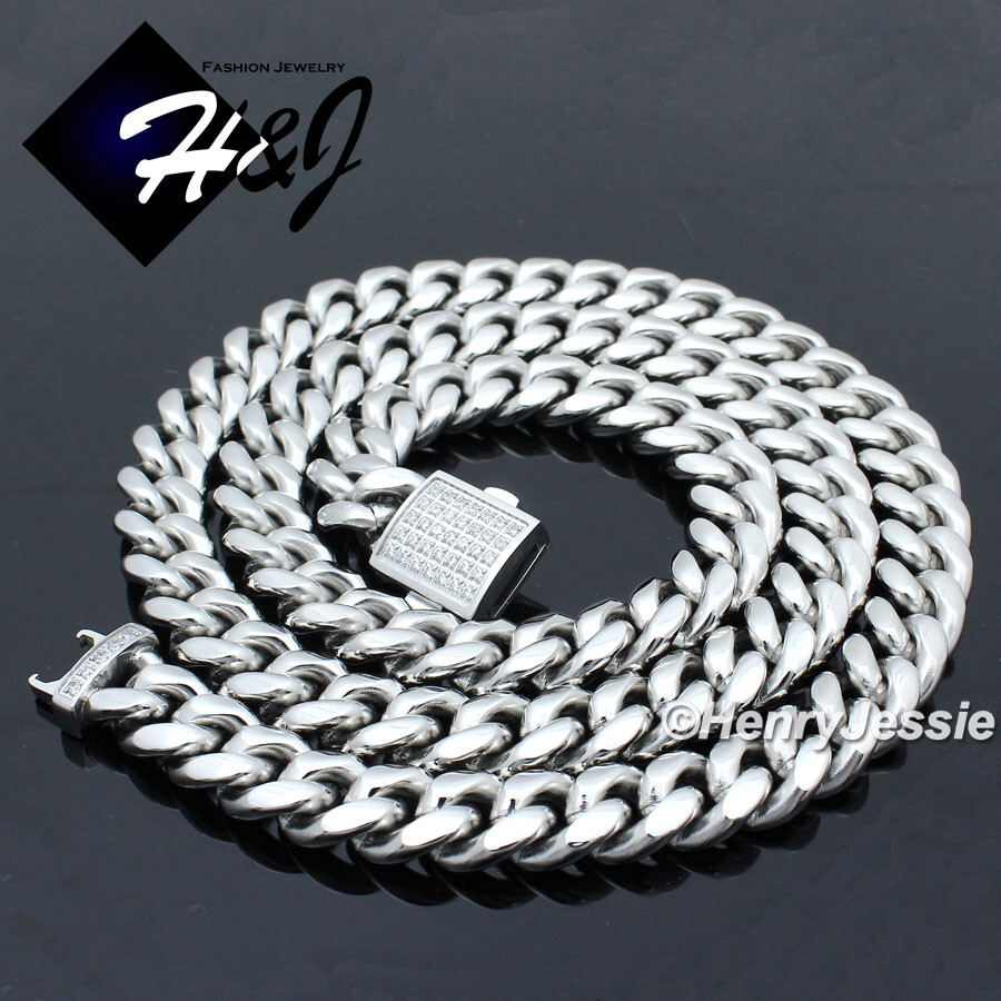 18-40″MEN Stainless Steel 7/10/12mm Silver ICY CZ Miami Cuban Chain Necklace*165