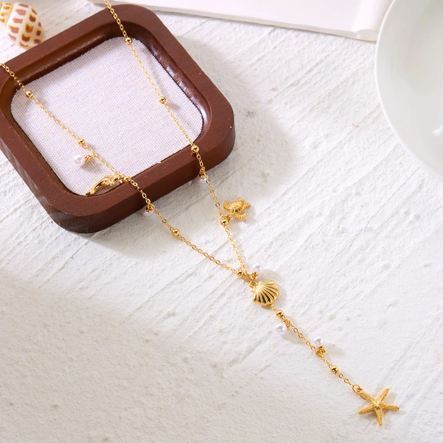Marine Animals Seashells Starfish Long Tassel Necklace for Women Dolphin Turtle