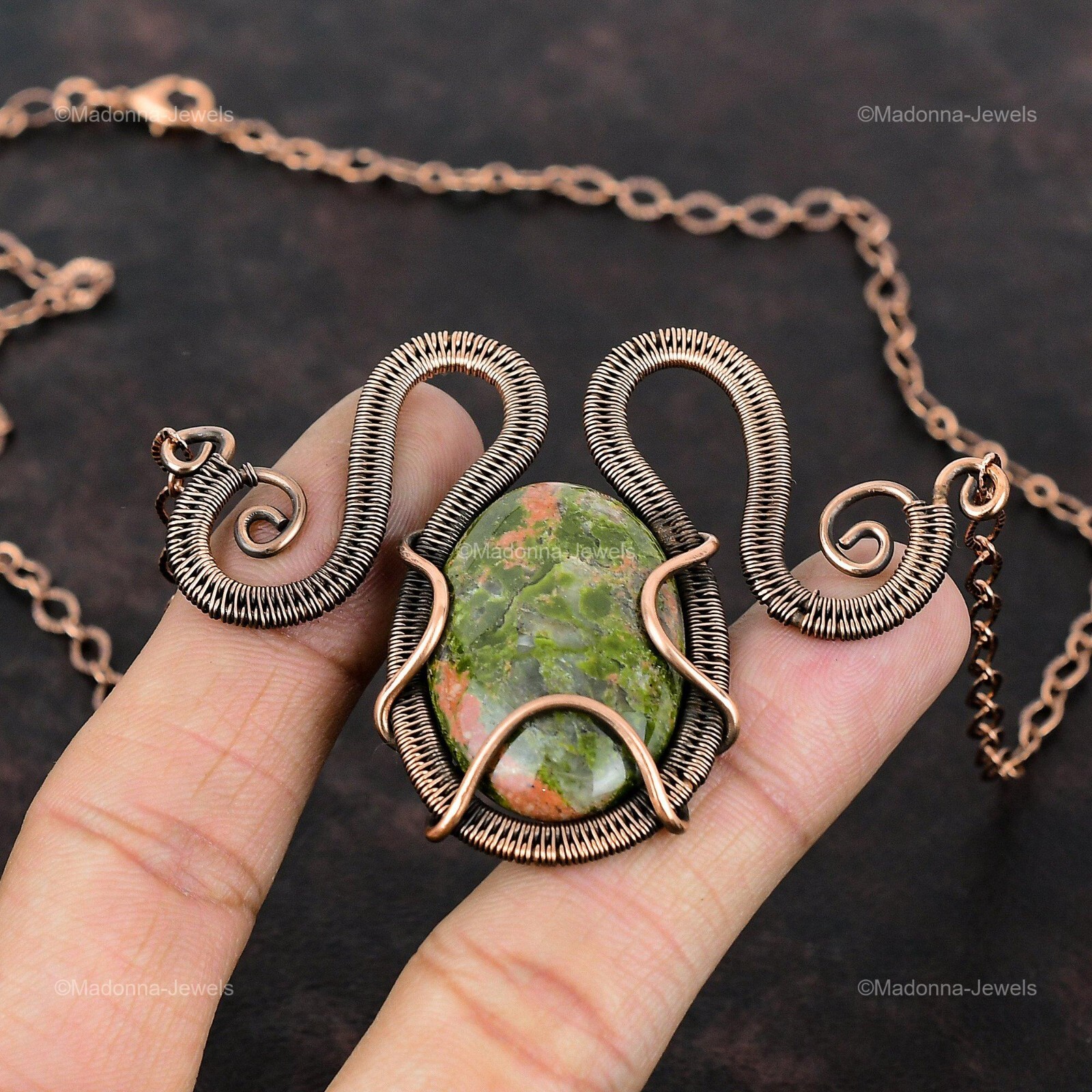 Copper Natural Unakite No Stone Chain Sister Wire Wrapped Engagement Necklace