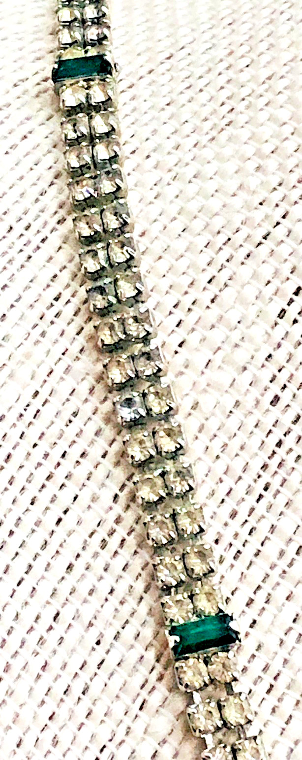 Vtg Emerald Green & Clear Rhinestone Dangle Necklace 16 ” w. Clip Earrings