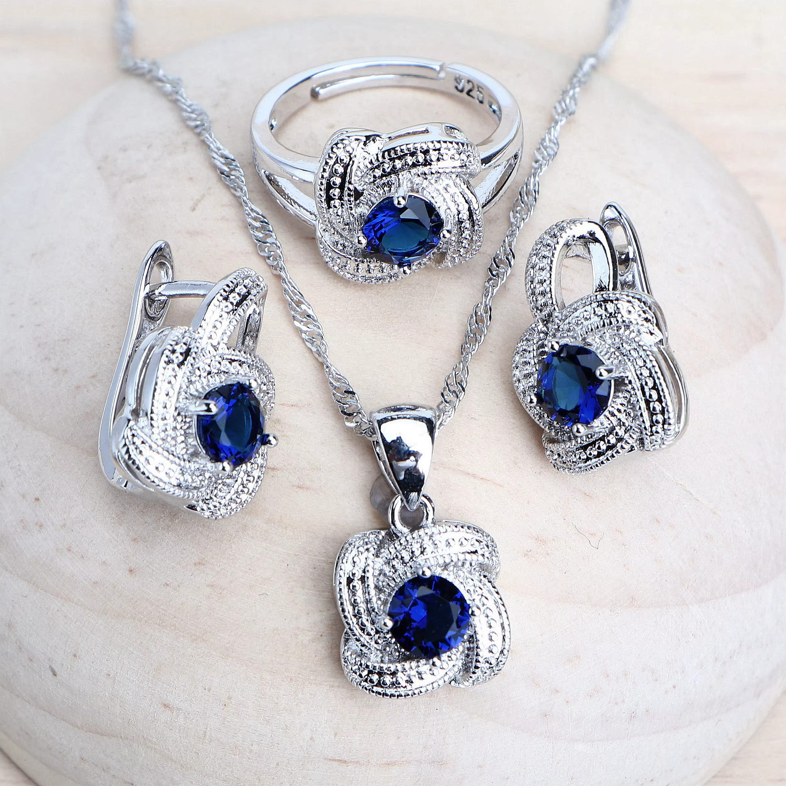 Blue Zirconia 925 Sterling Silver Bridal Women’s Jewelry Set