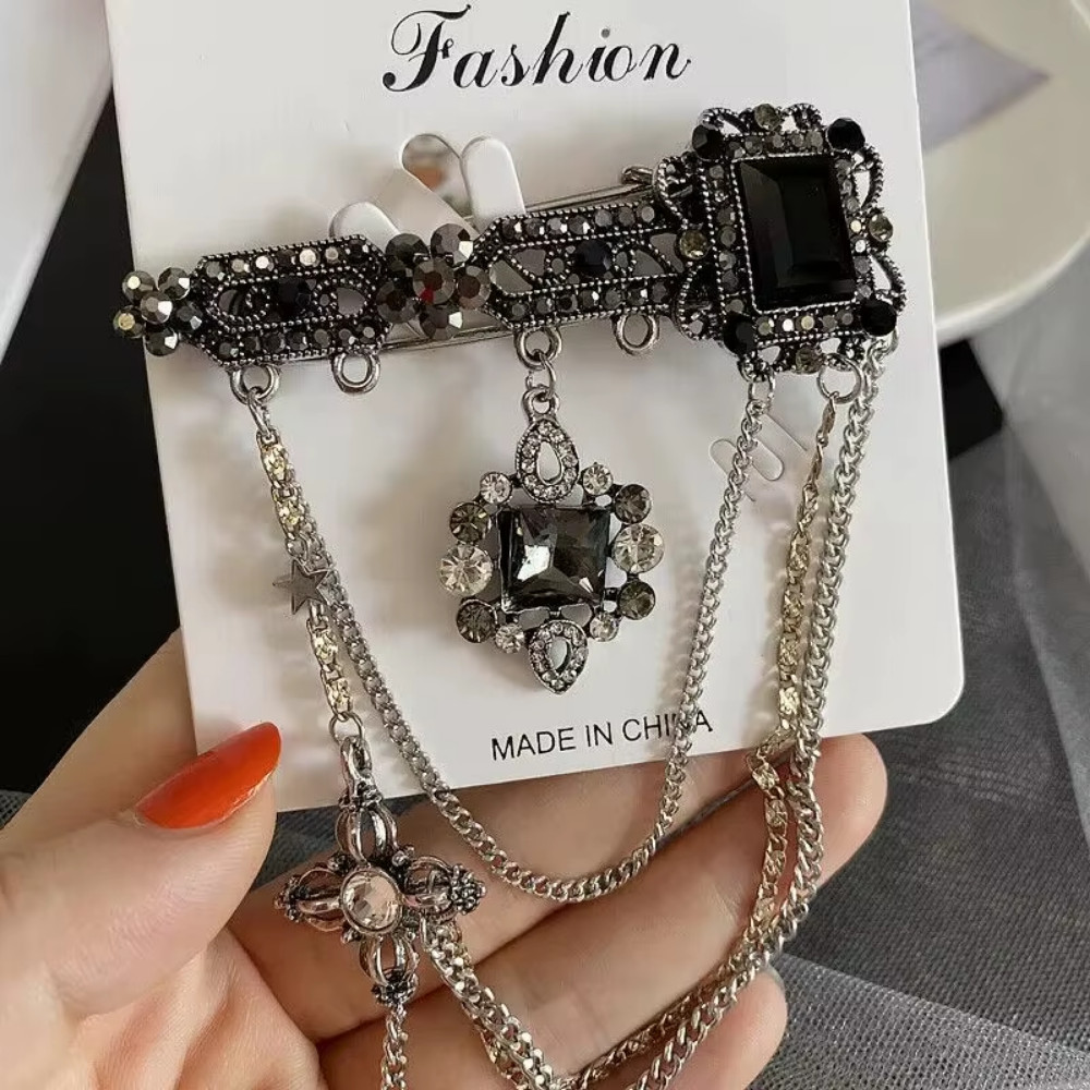 Fashion Black Gemstone Sparkling Rhinestone Star Tassel Chain Brooch Pin Jewelry