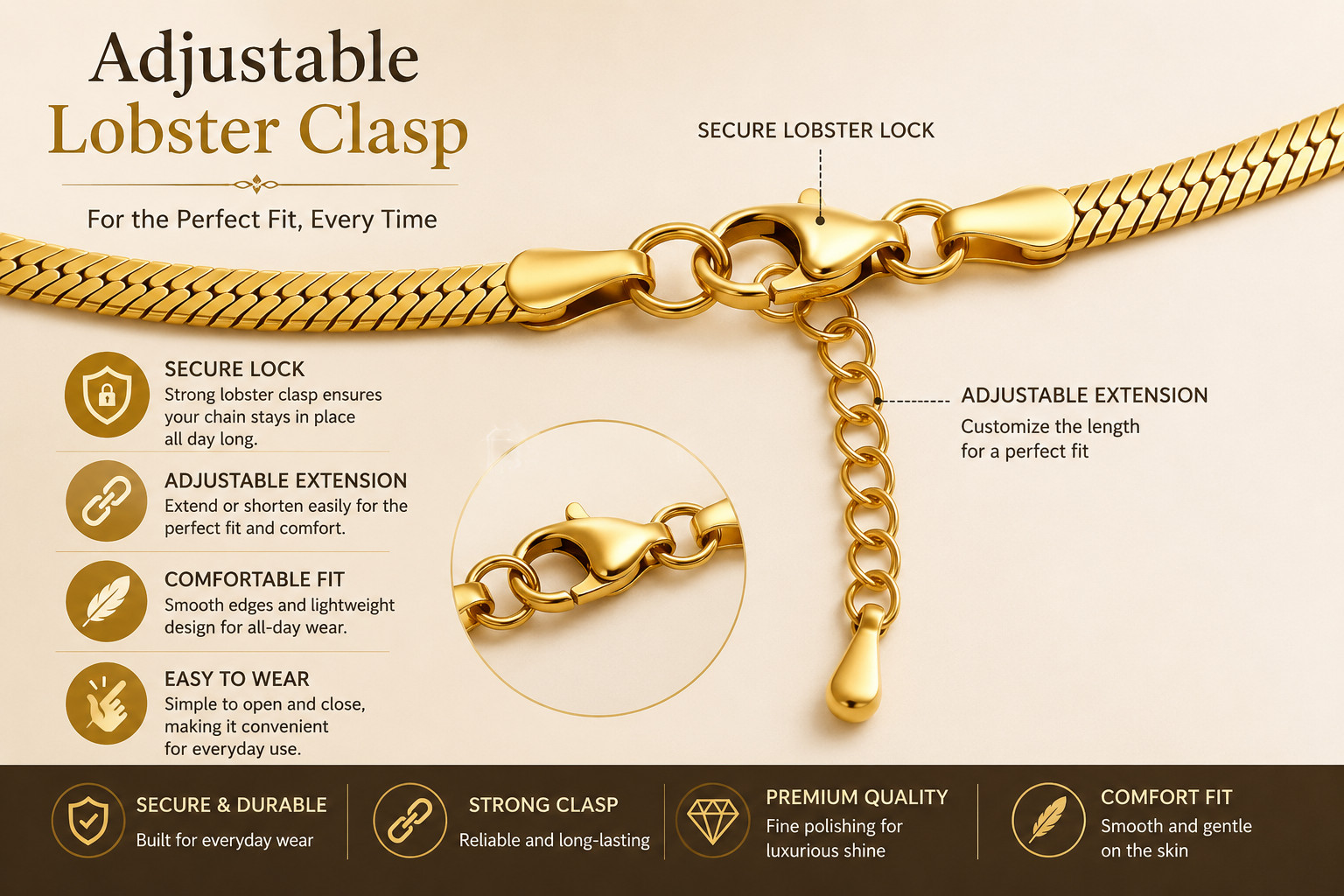 Premium Gold Finish Stainless Steel Chain 22 Inch Unisex Necklace for Men&Women