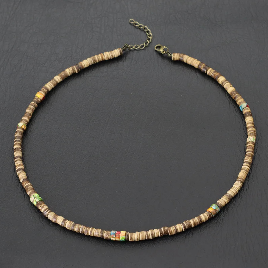 Natural Coconut Wood Necklace 19 Inch Round Bead Rope Chain Men Jewelry