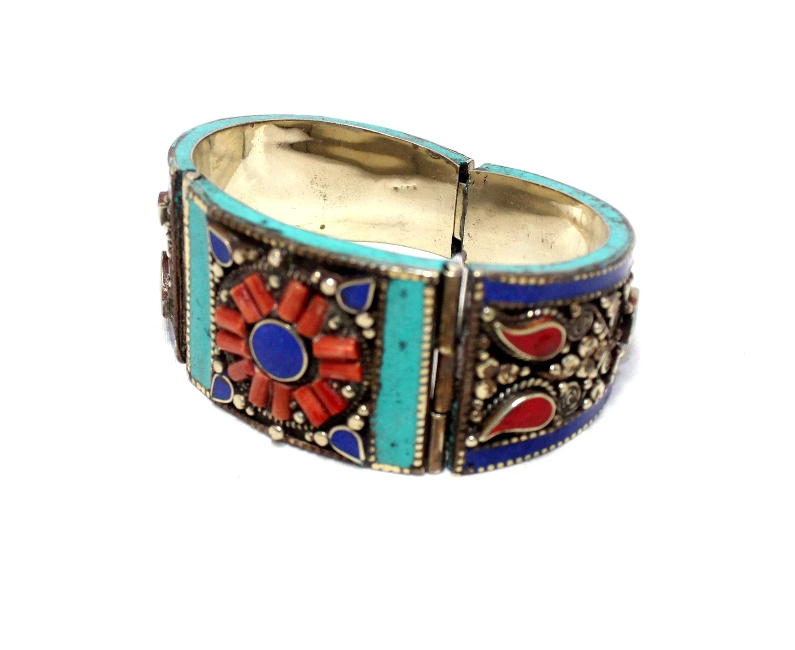Turquoise Bracelet Alloy Steel Coral & Gem Stone Tibetan Nepal Handmade