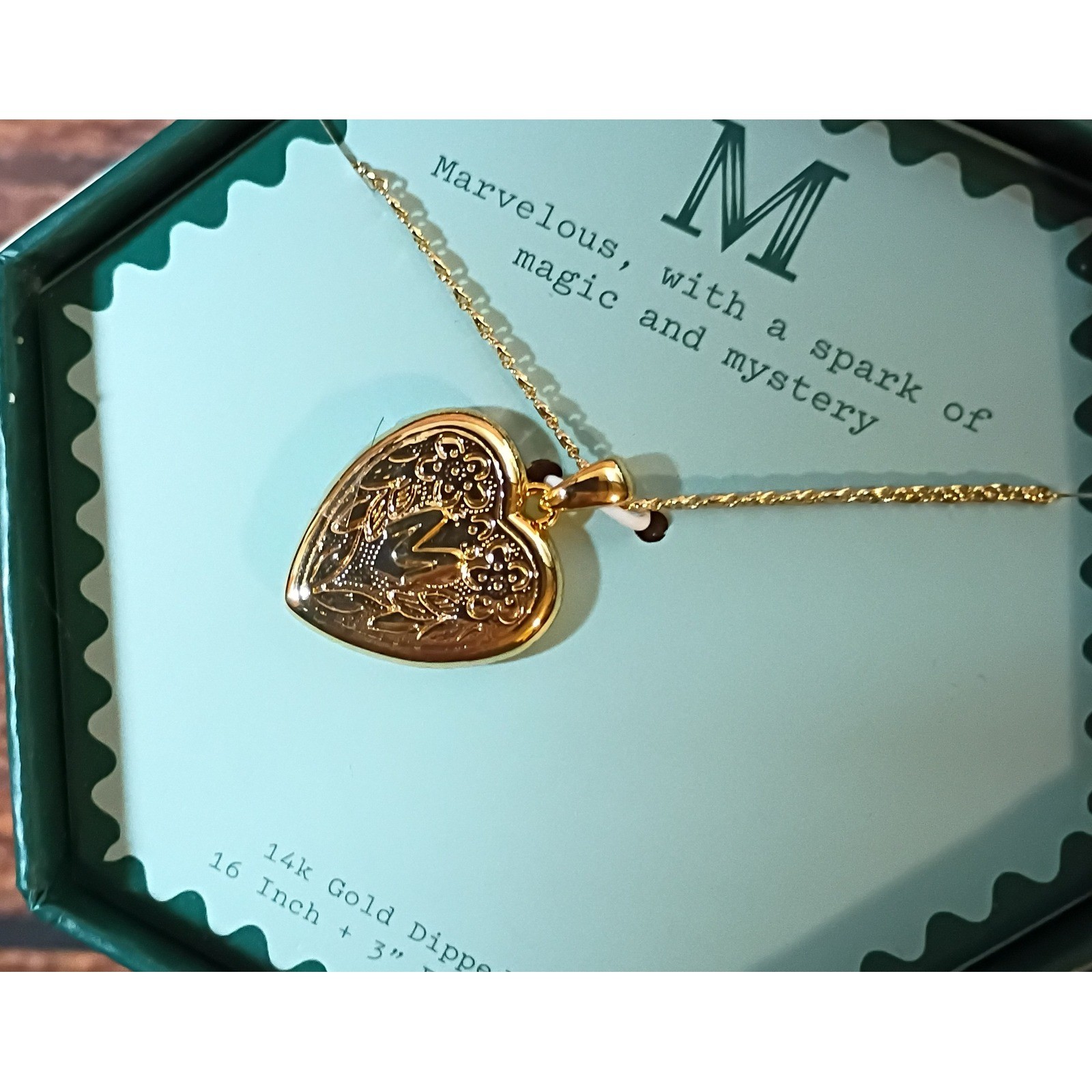 A New Day 14k Gold Dipped Initial M Heart Locket Necklace Floral Engraved Boxed