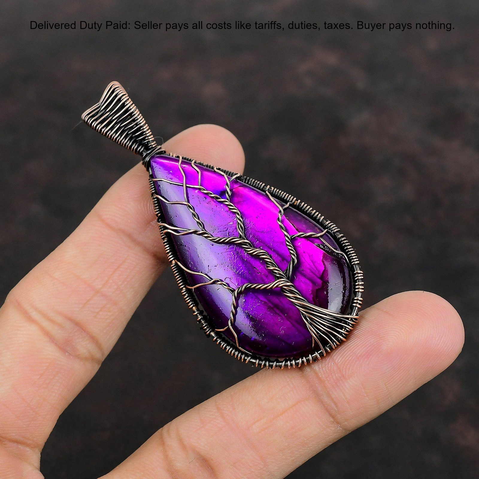 Copper Natural Pink Fire Labradorite Wire Wrapped Tree Of Life Pendant Jewelry
