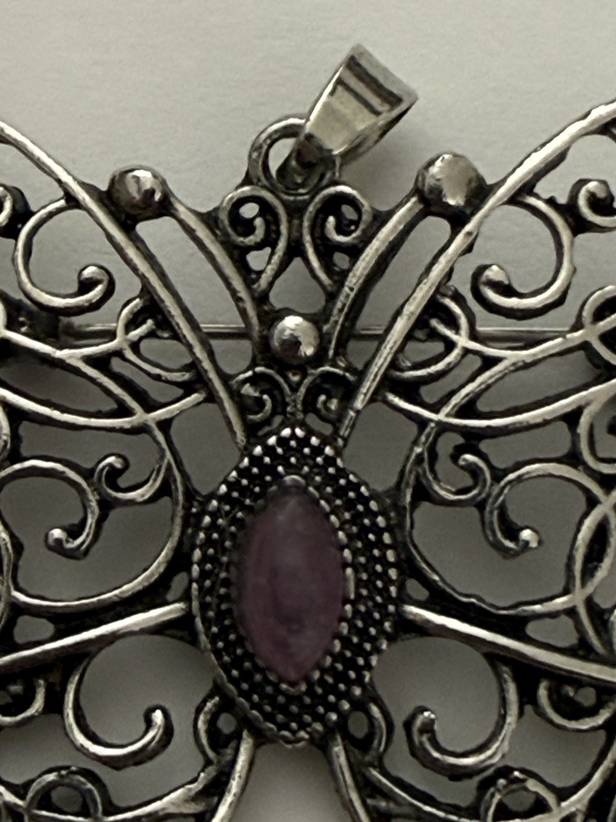 Vintage Silver Tone Filigree Butterfly Brooch Pin Pendant Combo Purple Stone
