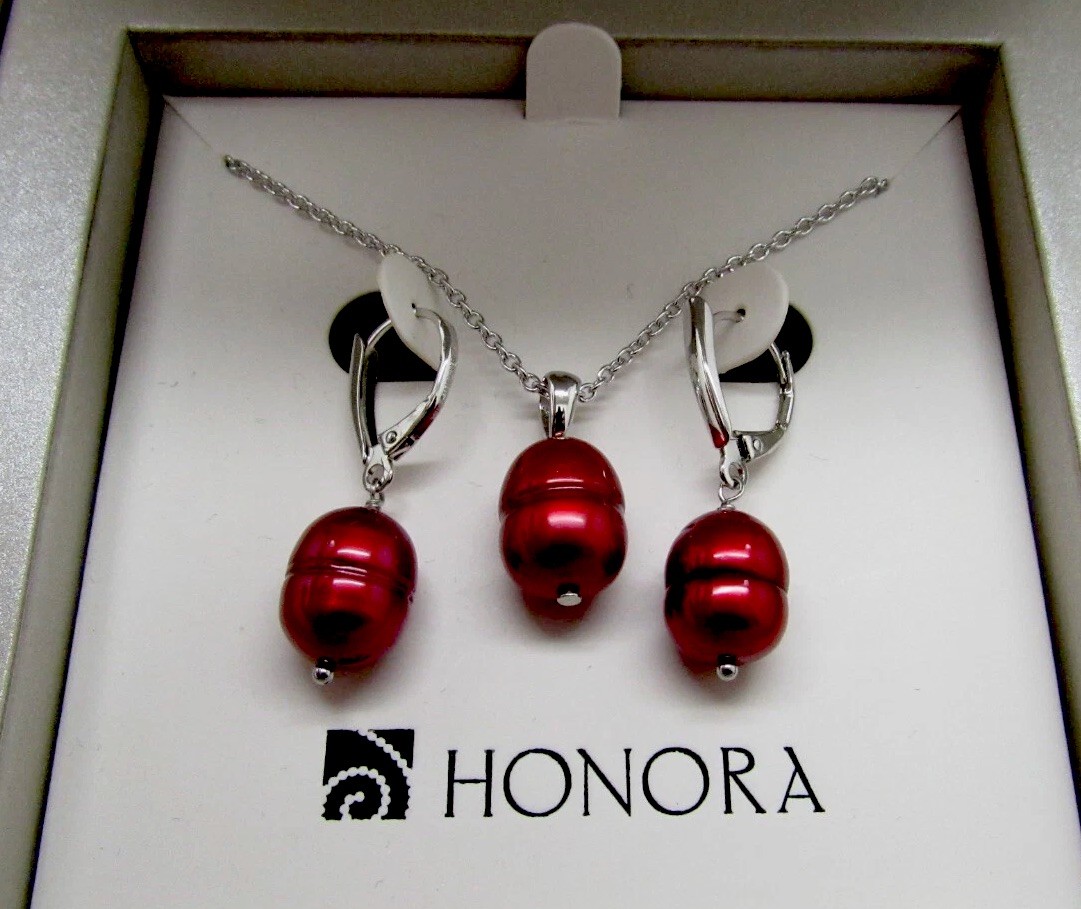 HONORA RHODIUM PLATED Freshwater pearls CHERRY Red AND NECKLACE SET NIB