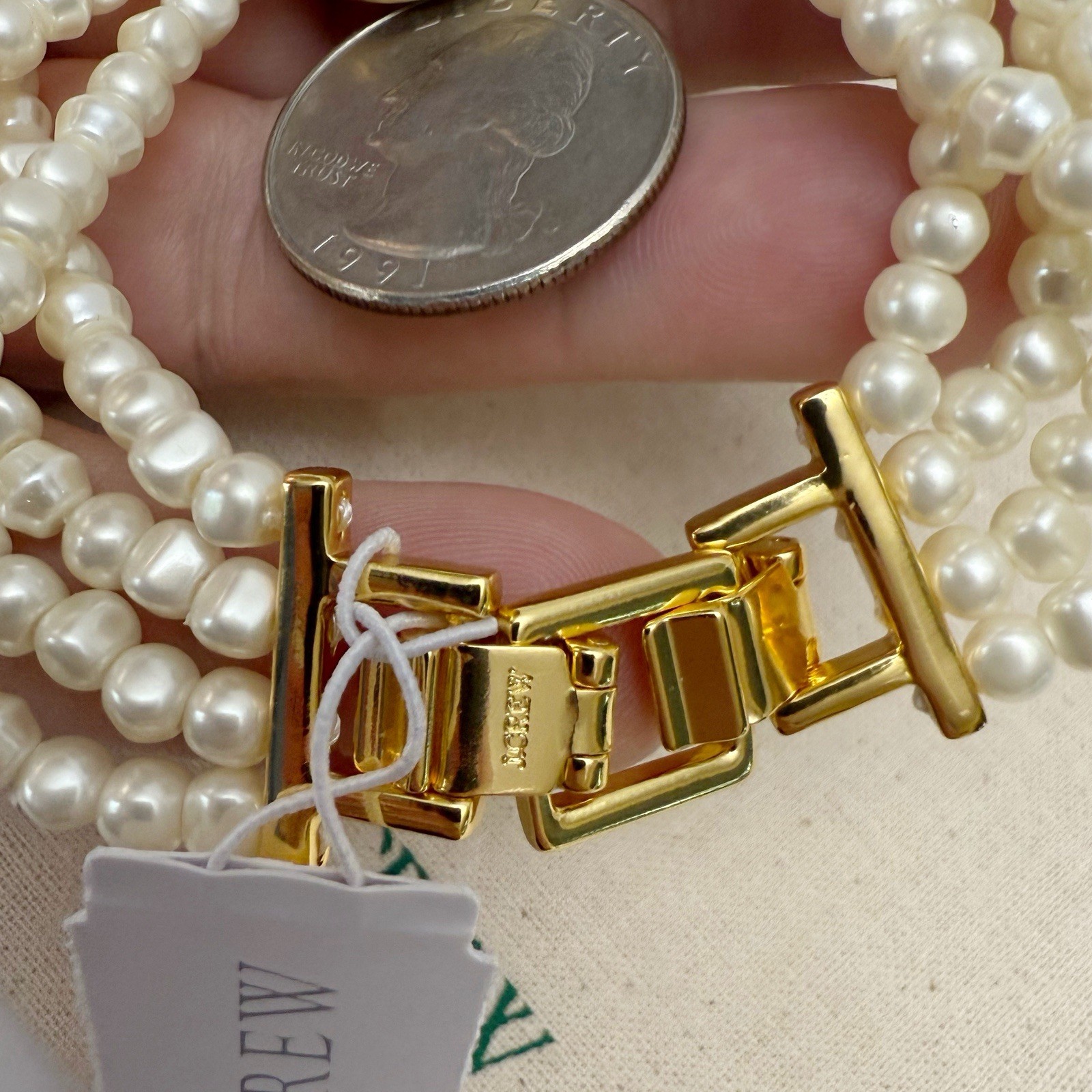 J. Crew Multi Strand Faux Pearl Multi Strand Beaded Roman Coin Bracelet NEW