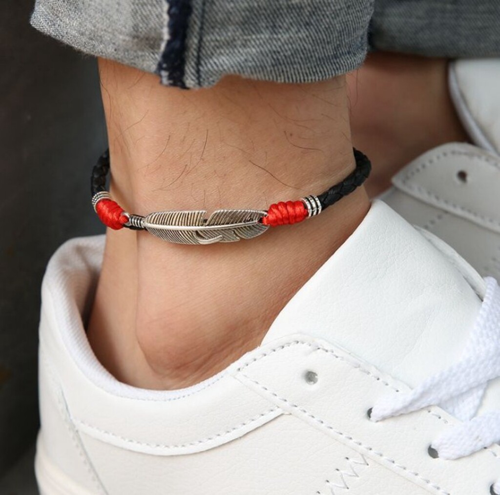 Women/ Men Feather / Leaf Red Rope Genuine Leather Anklet Bracelet One Size