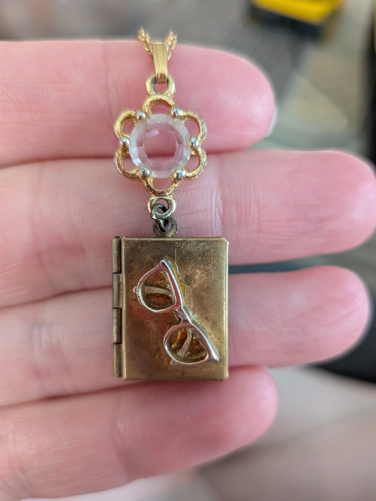 Vintage Brass Book Locket Necklace Cat Eye Glasses Charm Novelty Librarian