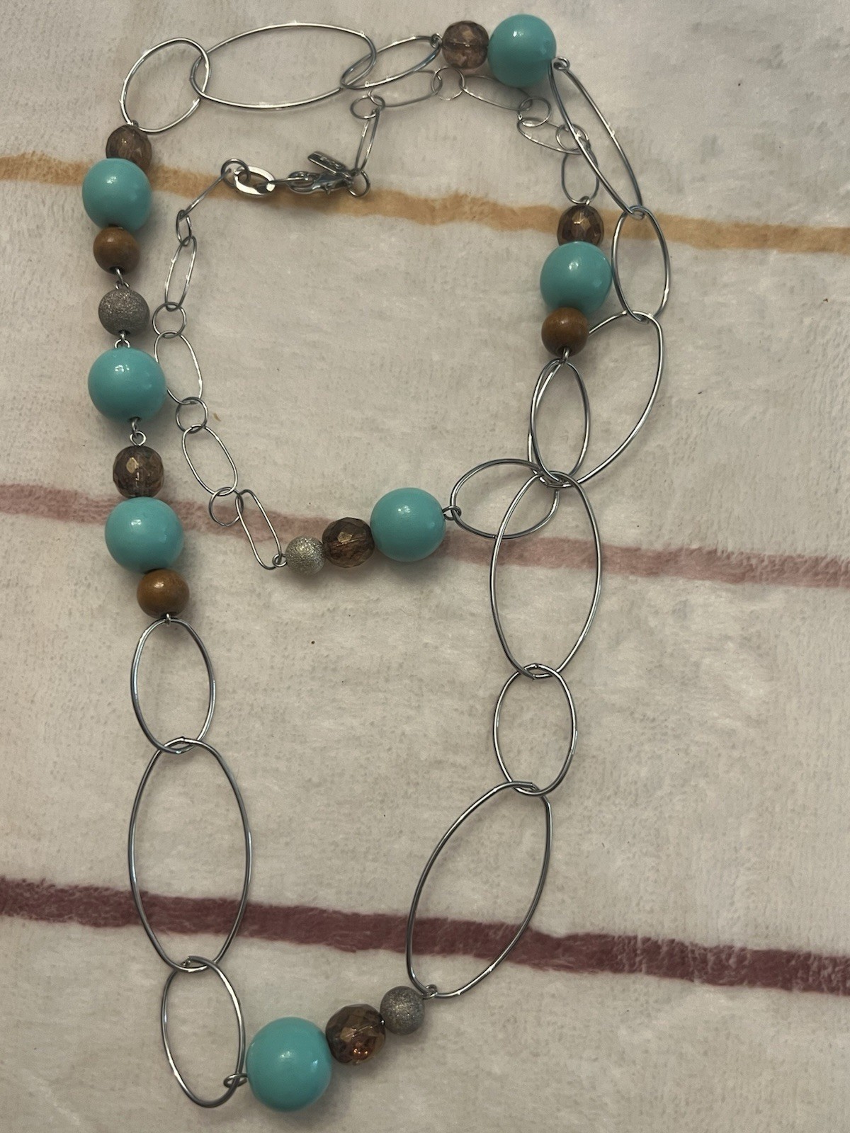Silver Tone Oval Link Chain Beaded Necklace Blue & Brown Round Beads Lobster