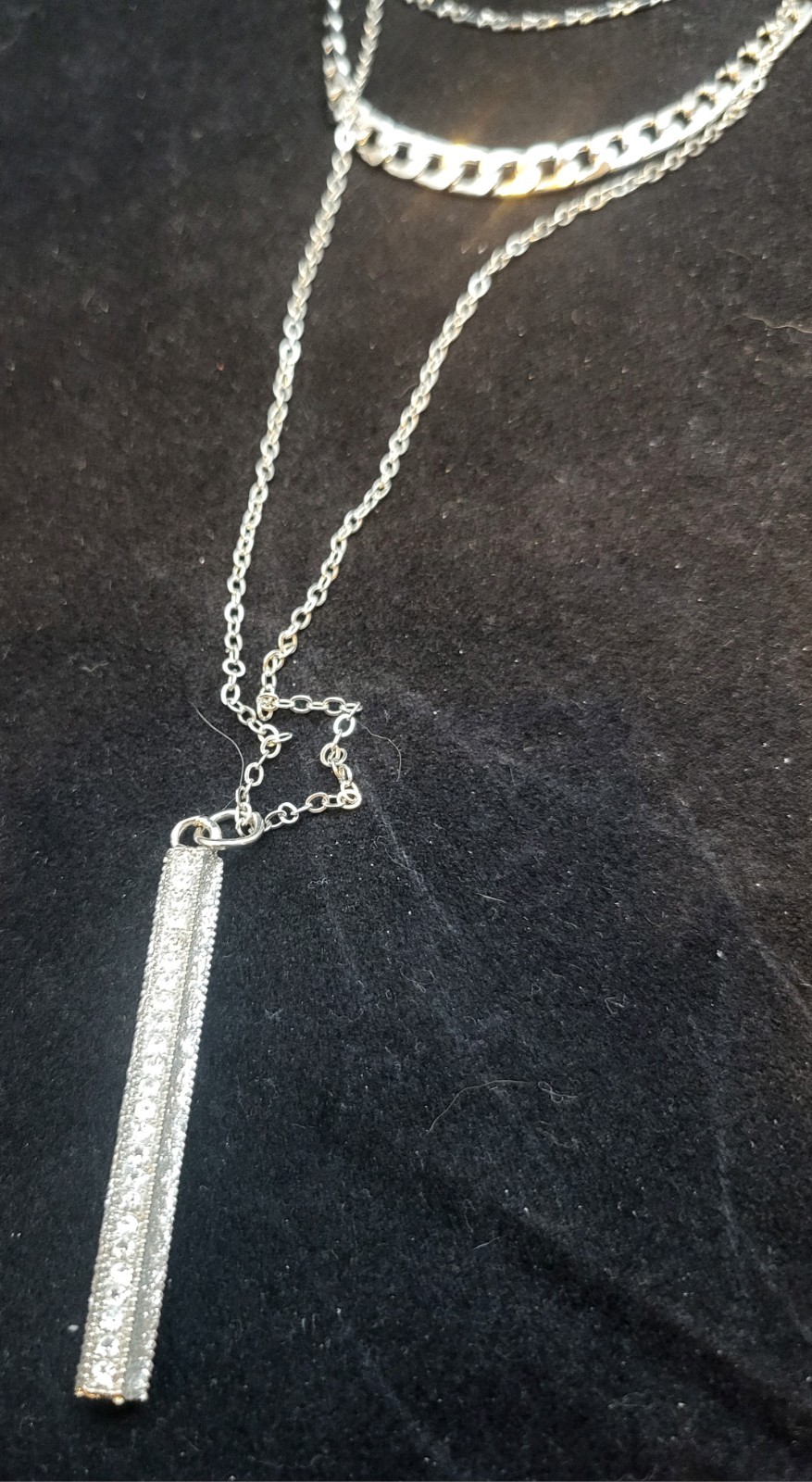 Silvertone Multi-Strand Layered Necklace w/Vertical Drop Pendant~18″-30″ L