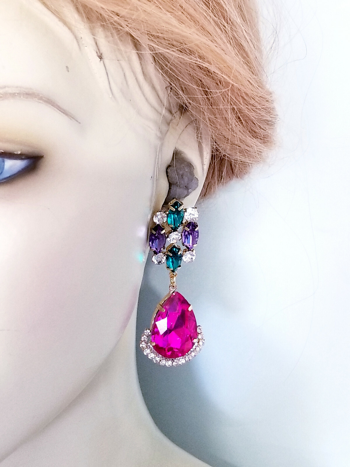 Chandelier Earrings Rhinestone Multi Color Pink Crystal 2.8 inch