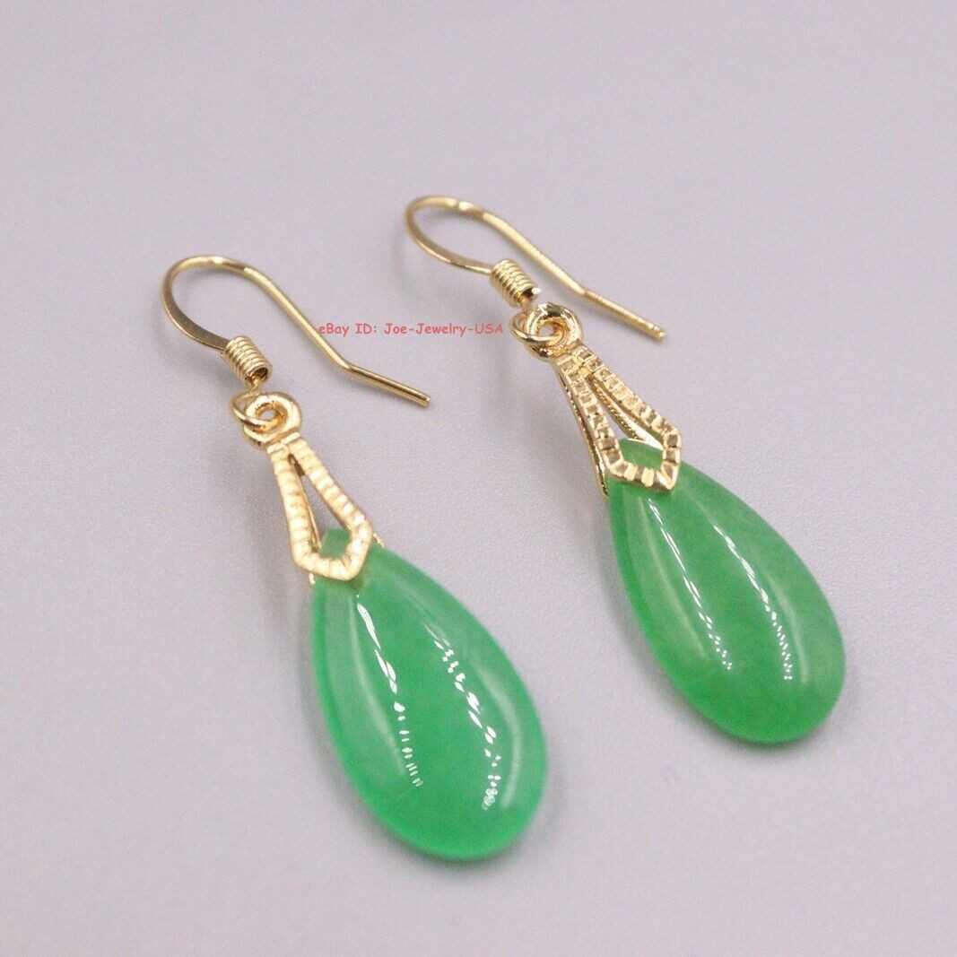 New 18K Yellow GP with Dark-Green Pear Jade Dangle Earrings 1.49inch L