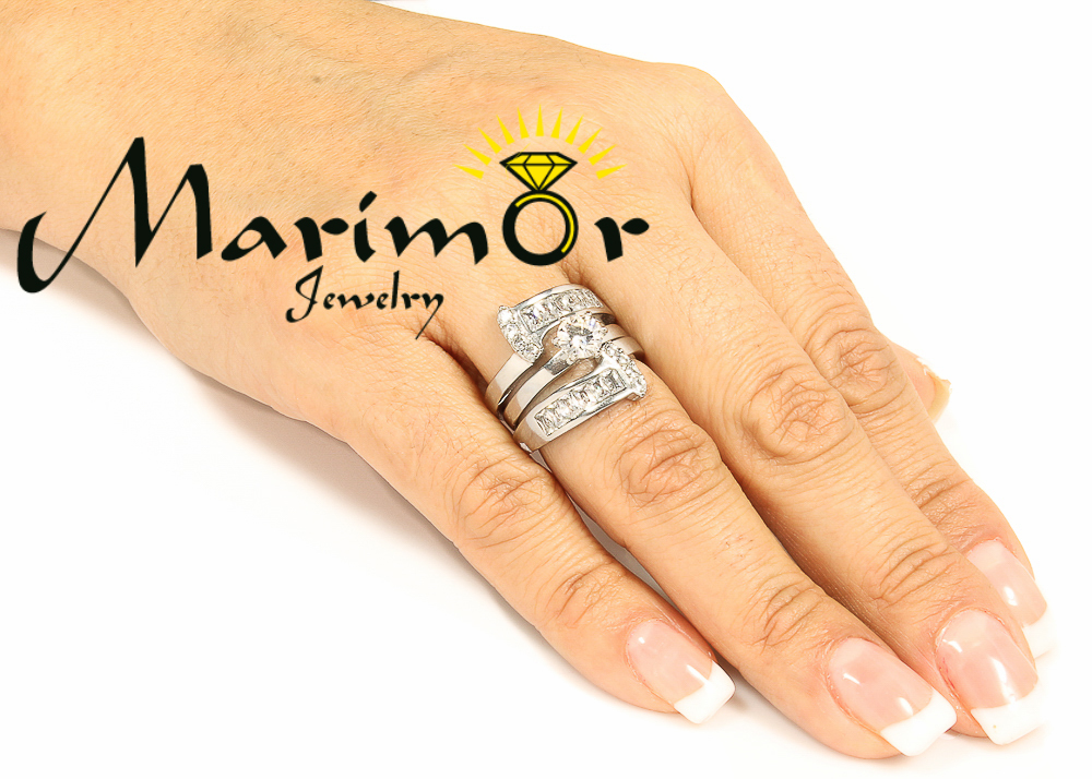 Women’s Round Cut Silver Stainless Steel AAA CZ Wedding Ring Band Set Size 5-10