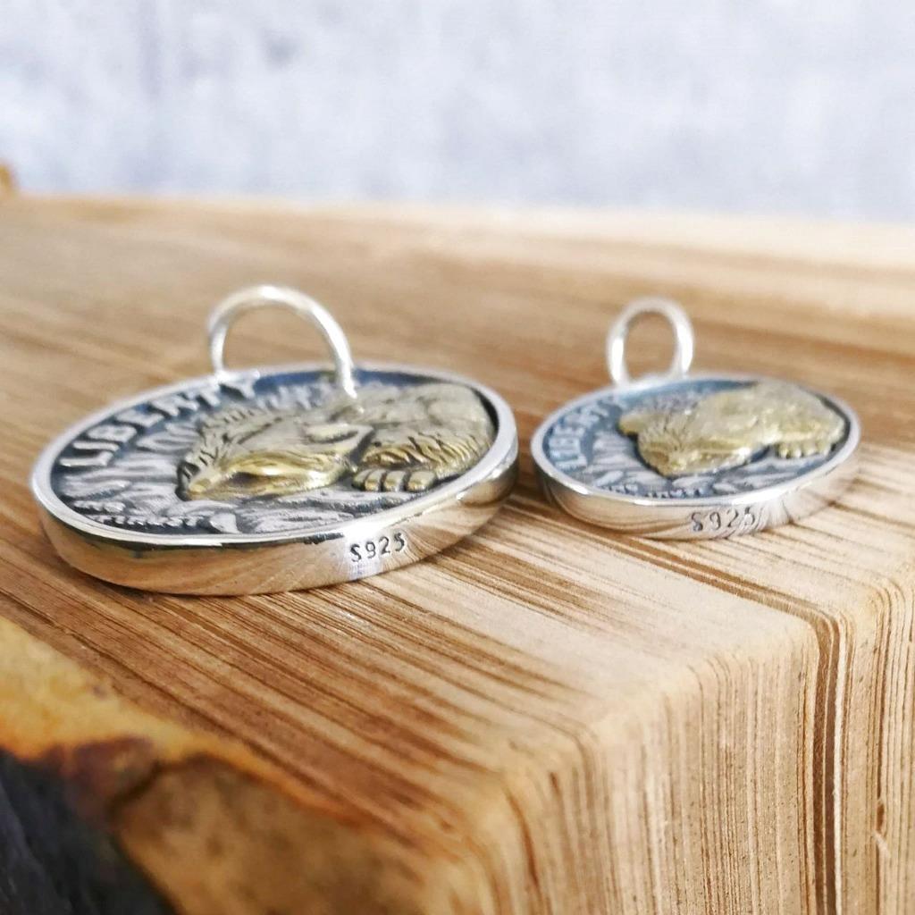 Sterling Silver & Brass Kitty Cat Coin Charm Pendant Double Sided Unique Fun