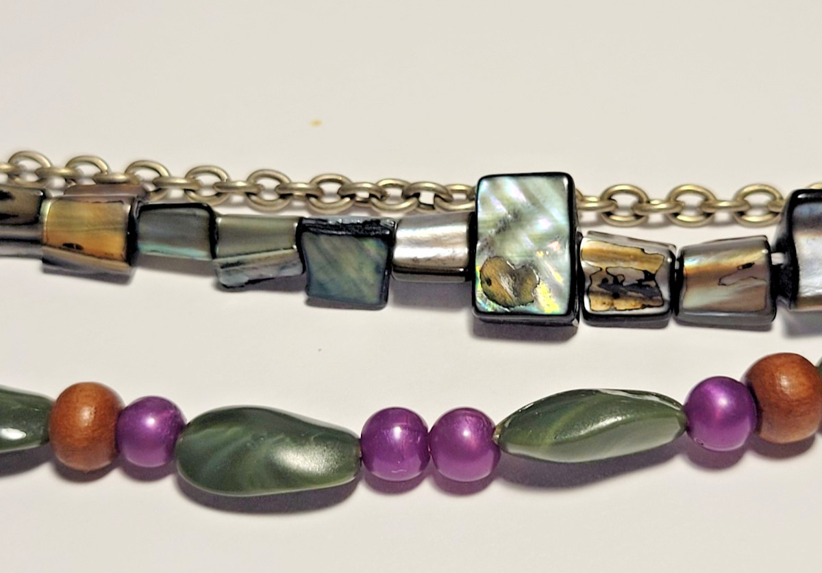 Multi Strand Beaded Boho Necklace Shell Wood Green Purple Iridescent Layered 21″