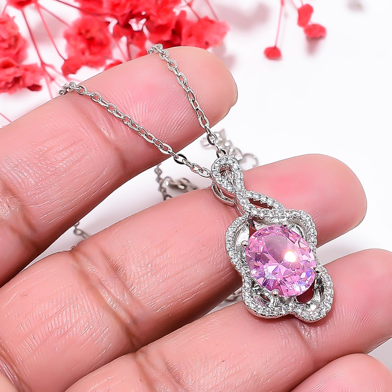 Pink Sapphire Simulated & Cz 925 Silver Pendant With Chain 18-20″ CP50612