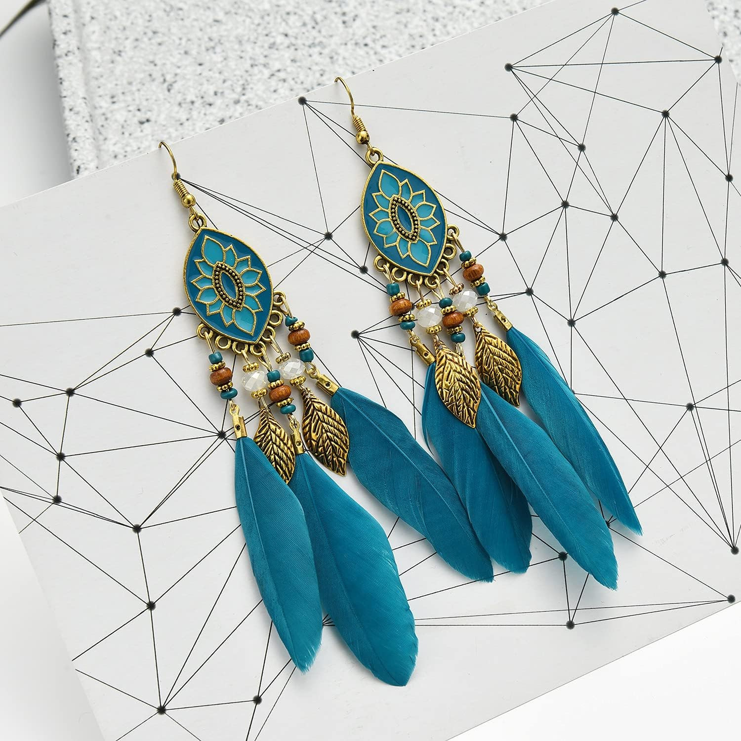 Boho Long Feather Drop Dangle Earrings for Women Retro Bohemian Ethnic Fringe Mu
