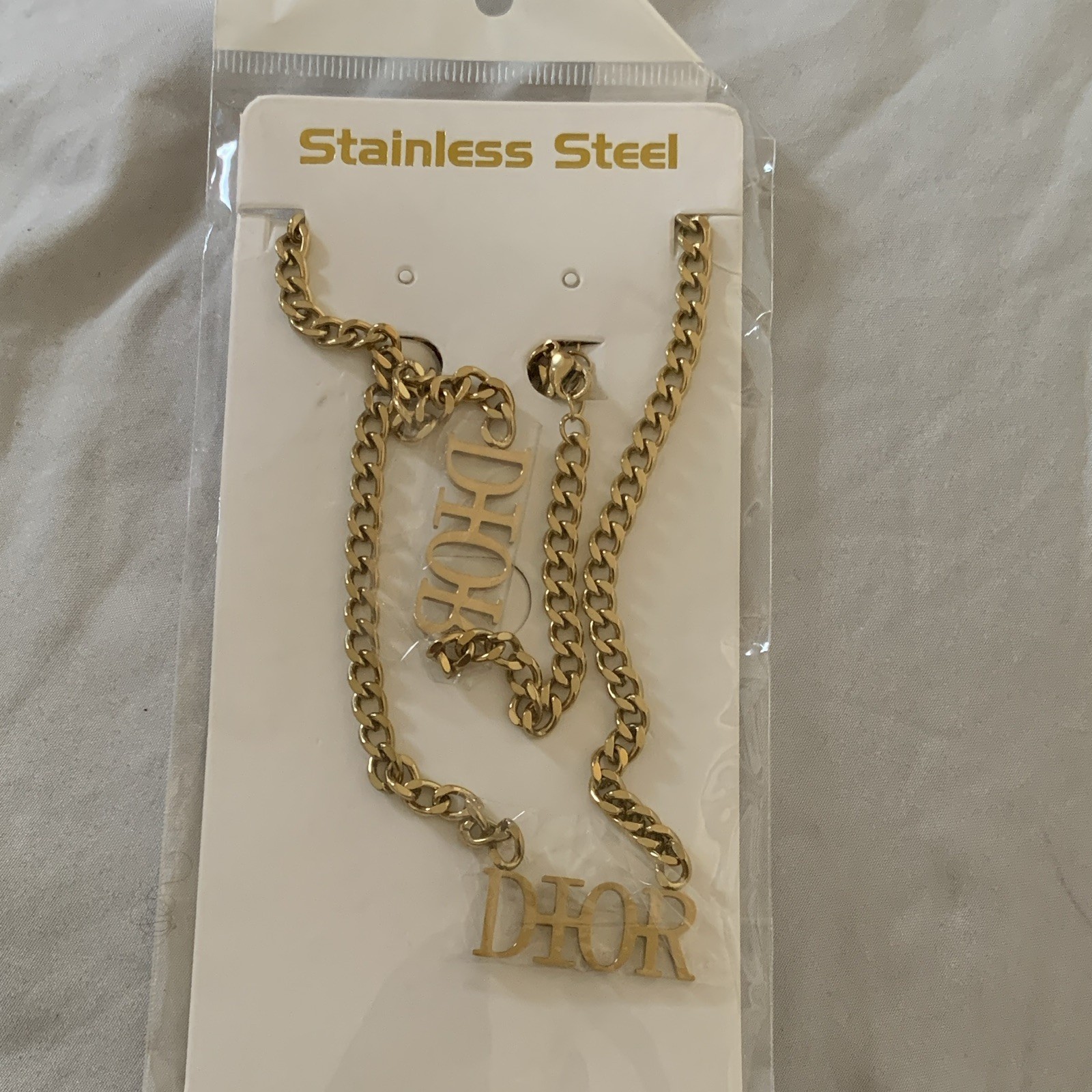Dior Gold Tone Stainless Steel Curb Chain Necklace DIOR Letter Charm Pendant