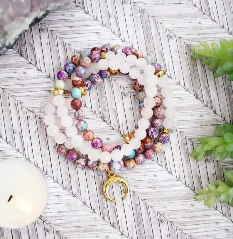 Natural Jade & Rose Quartz 108 Mala Beads Prayer Healing Yoga Bracelet Necklace