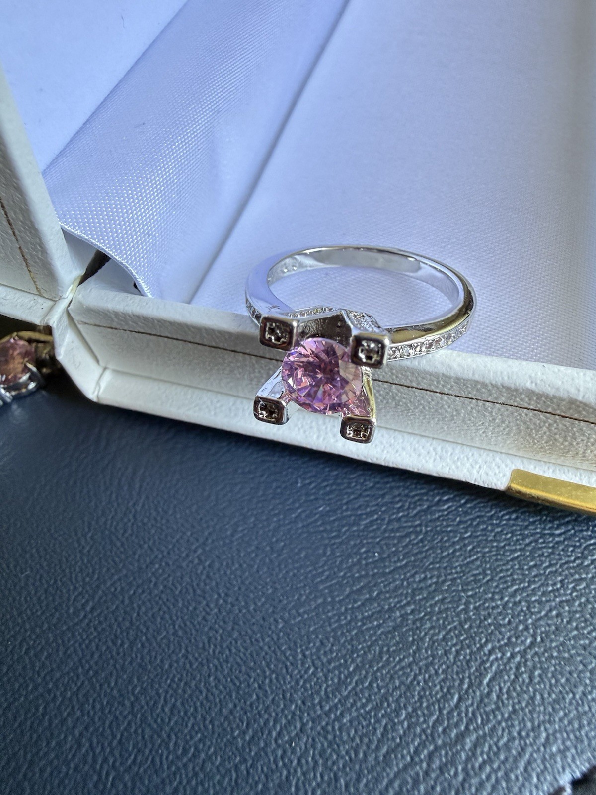 Pink and Gold Jewelry Set with Pink Stones – Earrings, Necklace, Bracelet, Ring