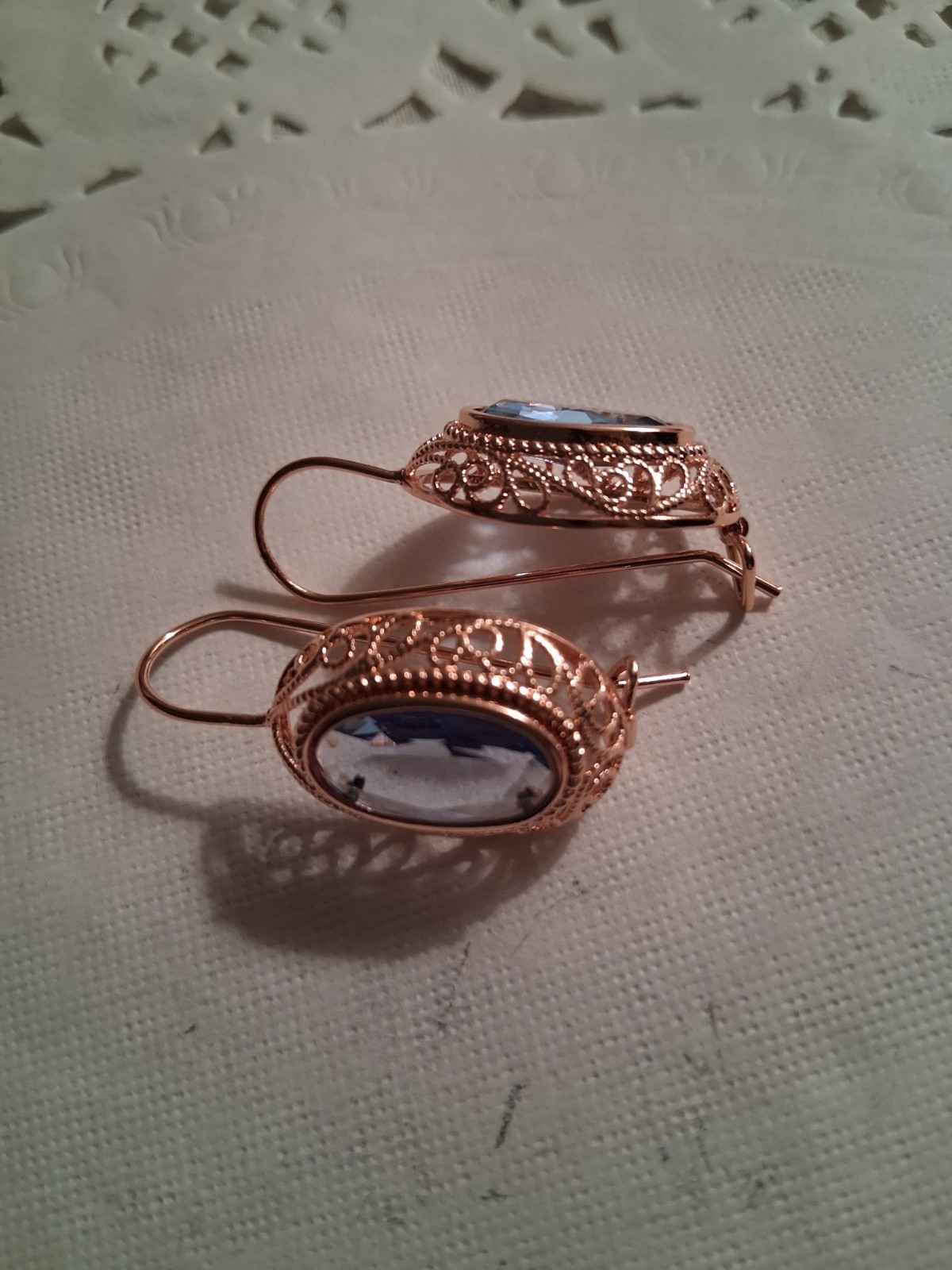 Rose Gold Plated Metal Hook Dangle Drop Earrings Oval Blue Crystal Bezel Lobe