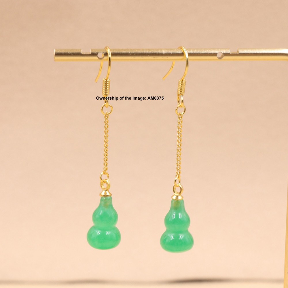 New Yellow Alloy Women’s Heated Green Jade Gourd Dangle Earrings Hook Earrings